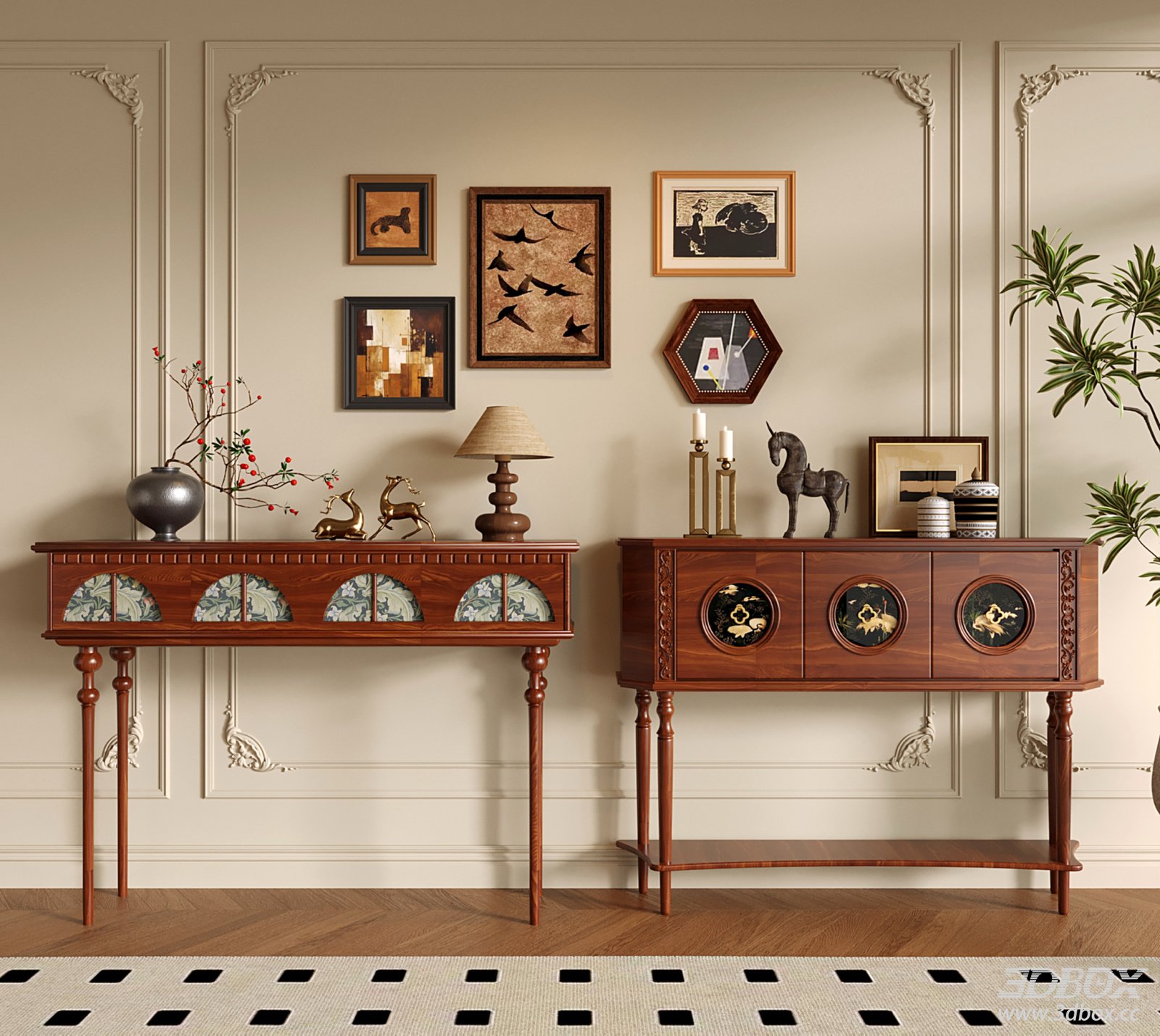 French Vintage Wooden Console Table Sideboard Set 3D model - front view