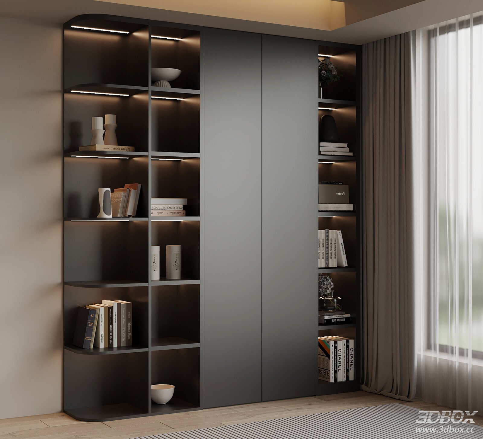 Modern Dark Gray Display Bookshelf with LED Lighting 3D model - front view