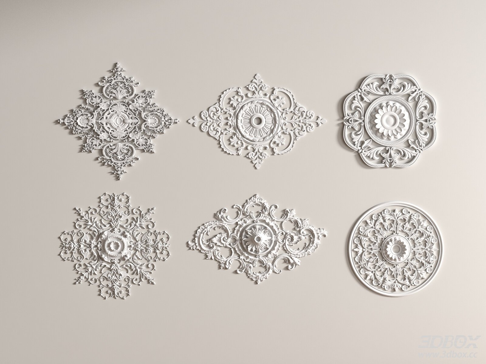 Classic European Decorative Gypsum Ceiling Rosette Set 3D model - front view