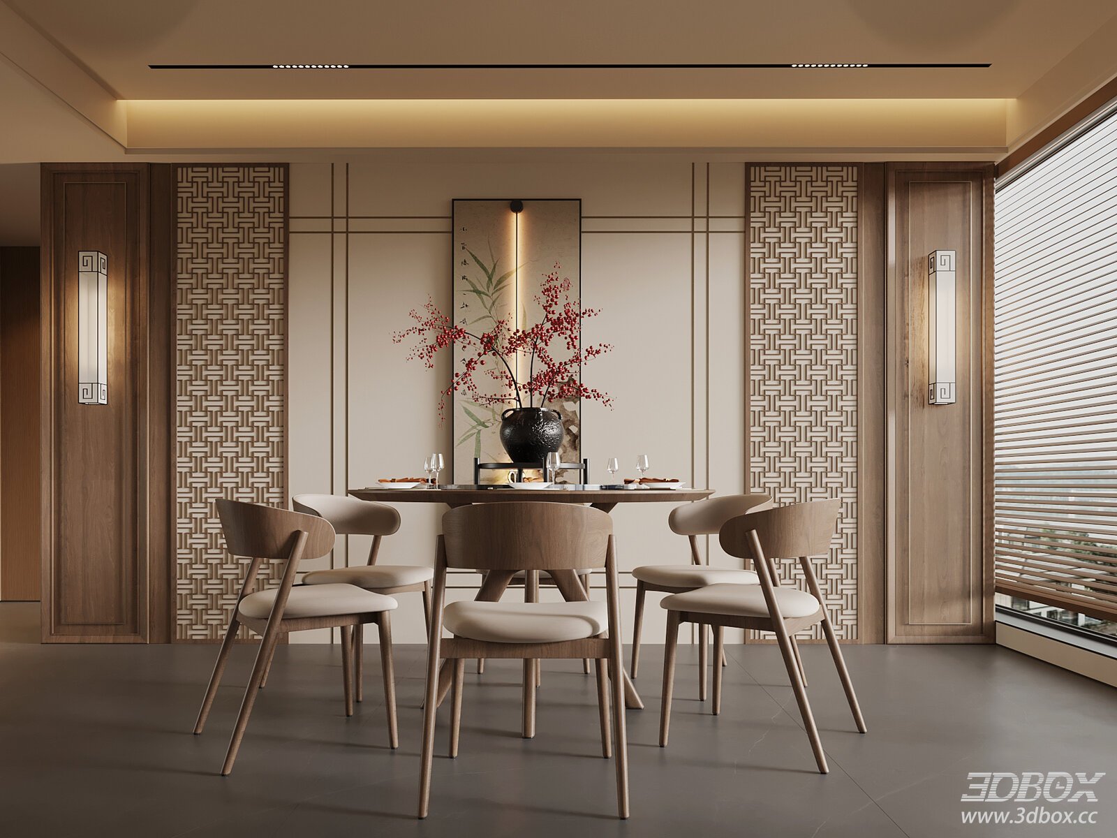New Chinese Style Dining Room with Wooden Round Table and Chairs 3D model - front view