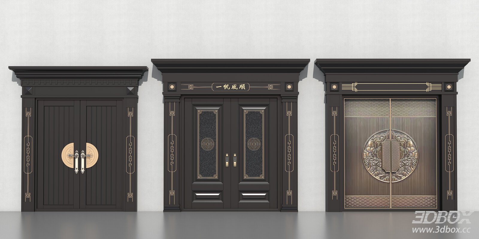 New Chinese Style Luxury Double Entry Door Set 3D model - front view