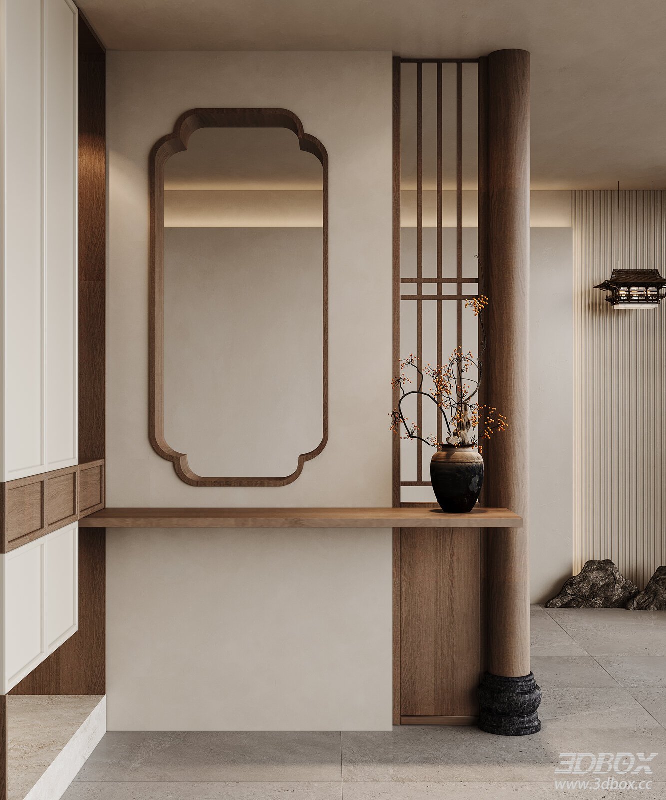 Modern Chinese Style Entryway Hallway Console Scene 3D model - front view