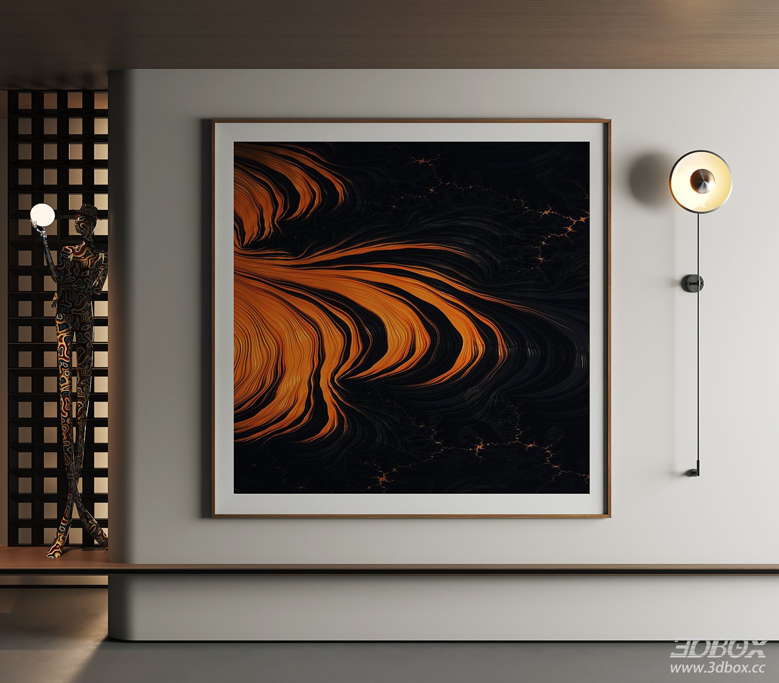 Abstract Orange Black Wall Art Frame 3D model - front view