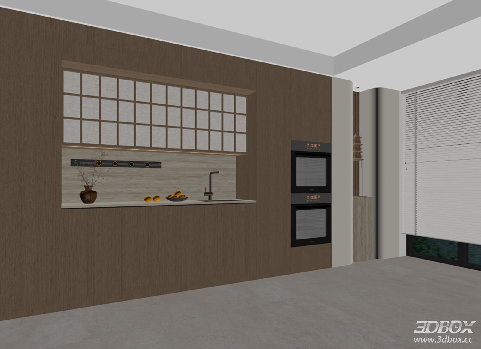 Zen New Chinese Sideboard Wine Cabinet with Built-in Oven 3D model - front view