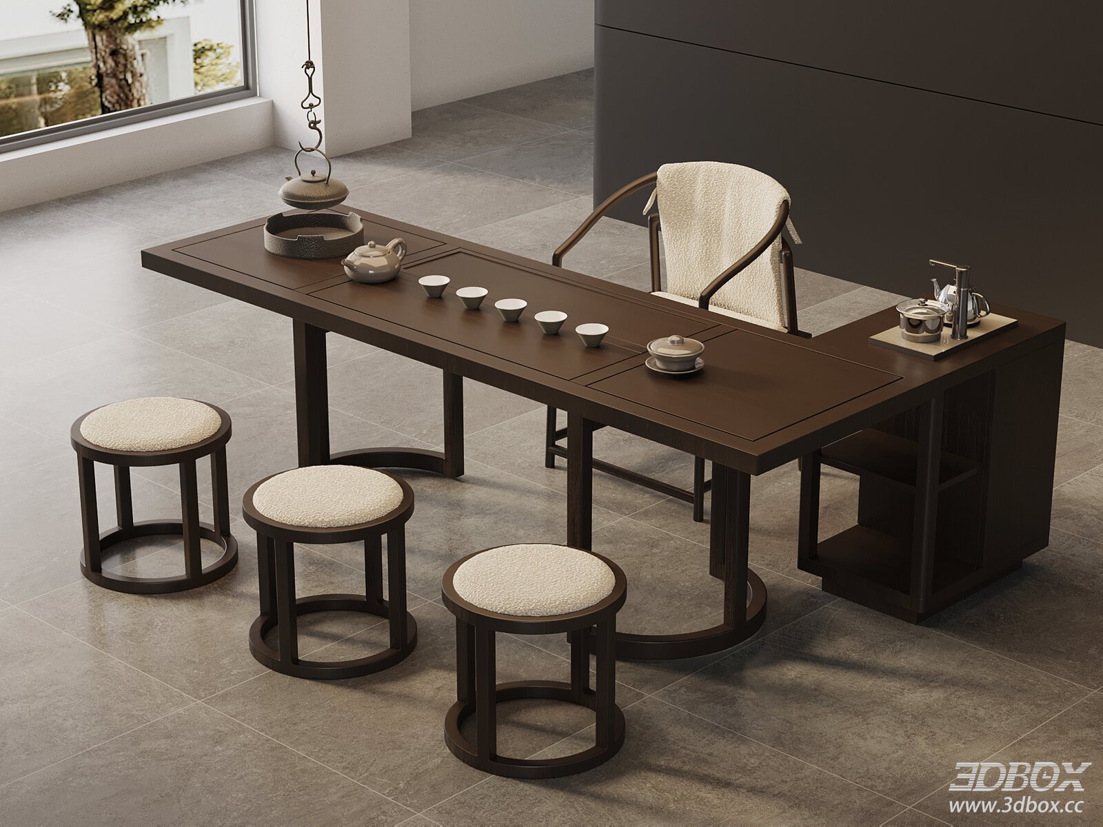 New Chinese Style Solid Wood Tea Table Set with Chairs 3D model - front view