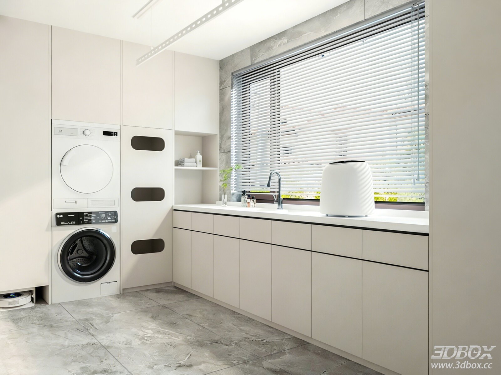 Modern minimalist laundry room interior with smart home appliances 3D model - front view