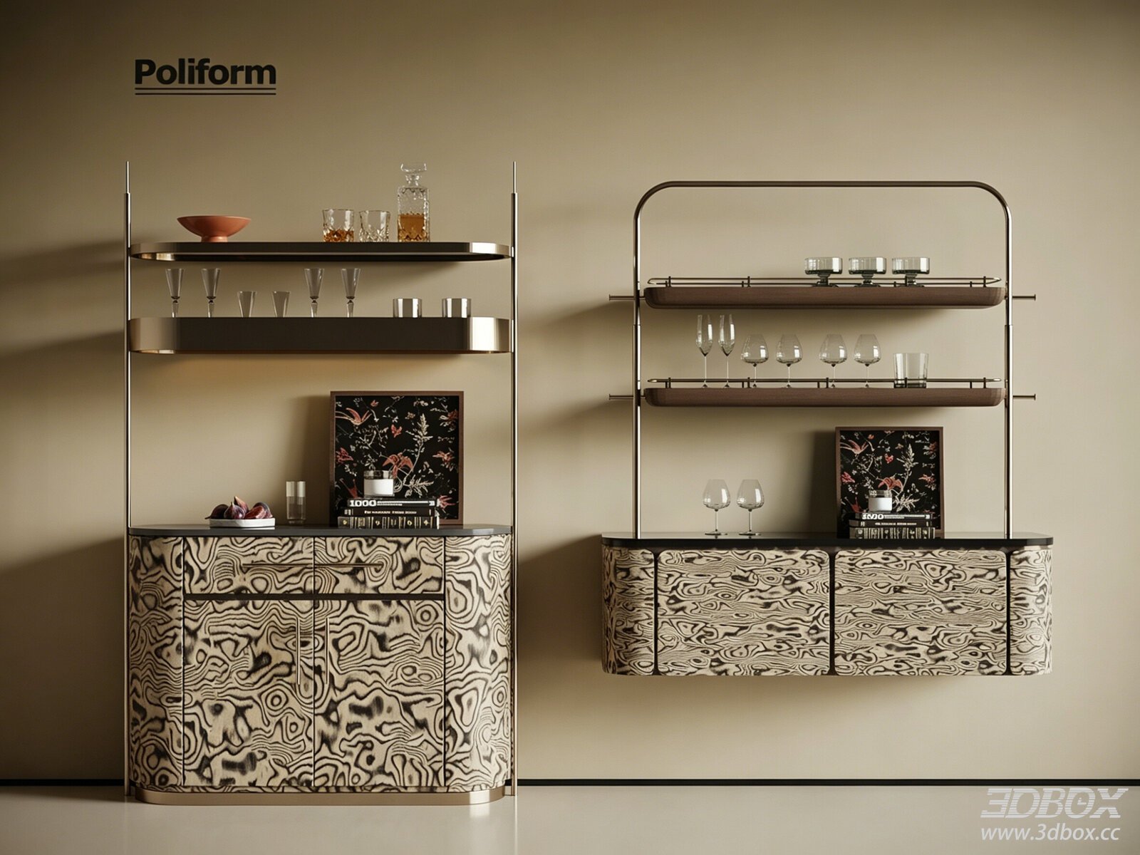 Modern Poliform Sideboard and Wine Shelf Set 3D model - front view