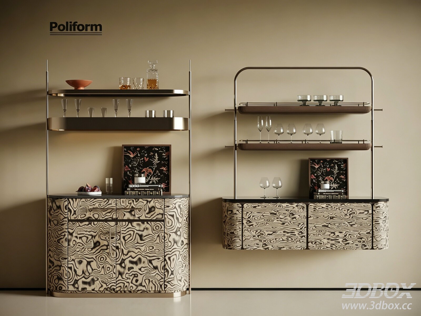 Modern Poliform Sideboard and Wine Shelf Set 3D model - thumbnail 1