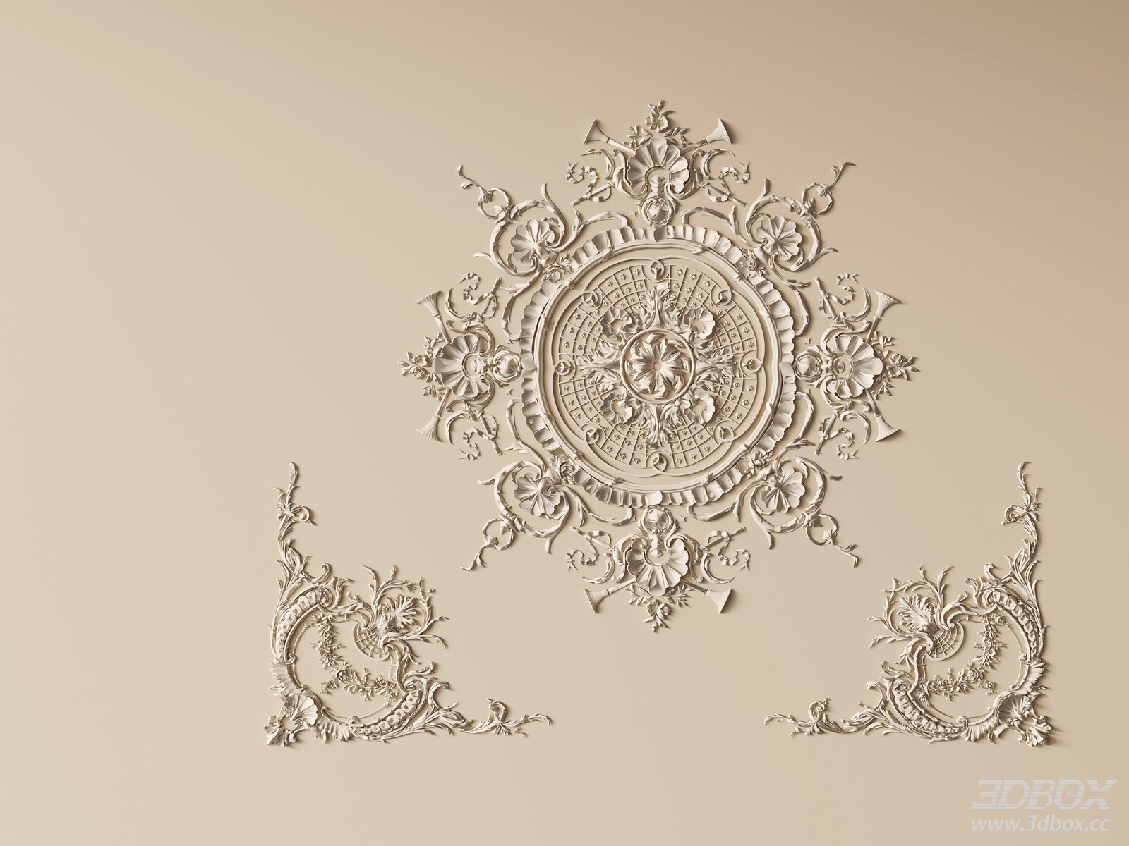 French Style Decorative Plaster Carving Ceiling Rosette Set 3D model - front view