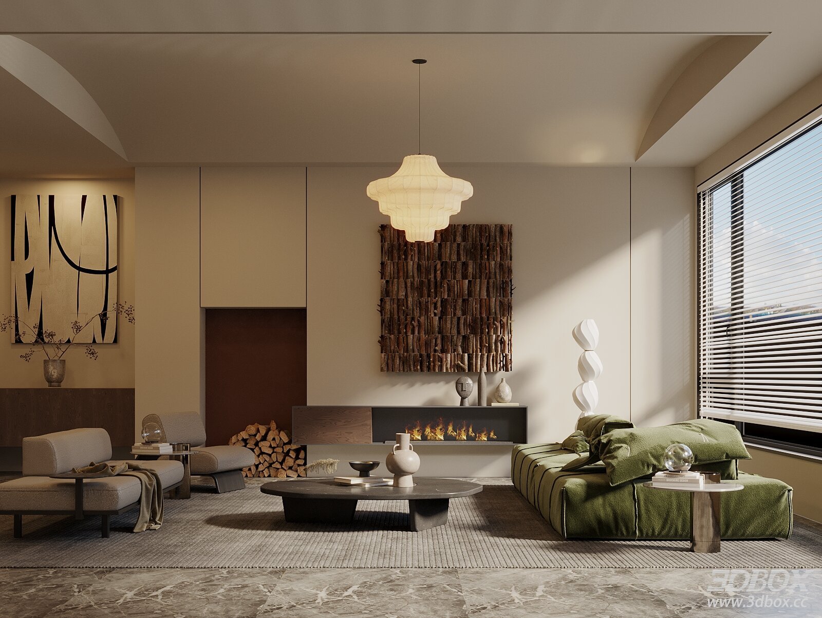 Wabi Sabi Vintage Style Living Room Furniture Set 3D model - front view