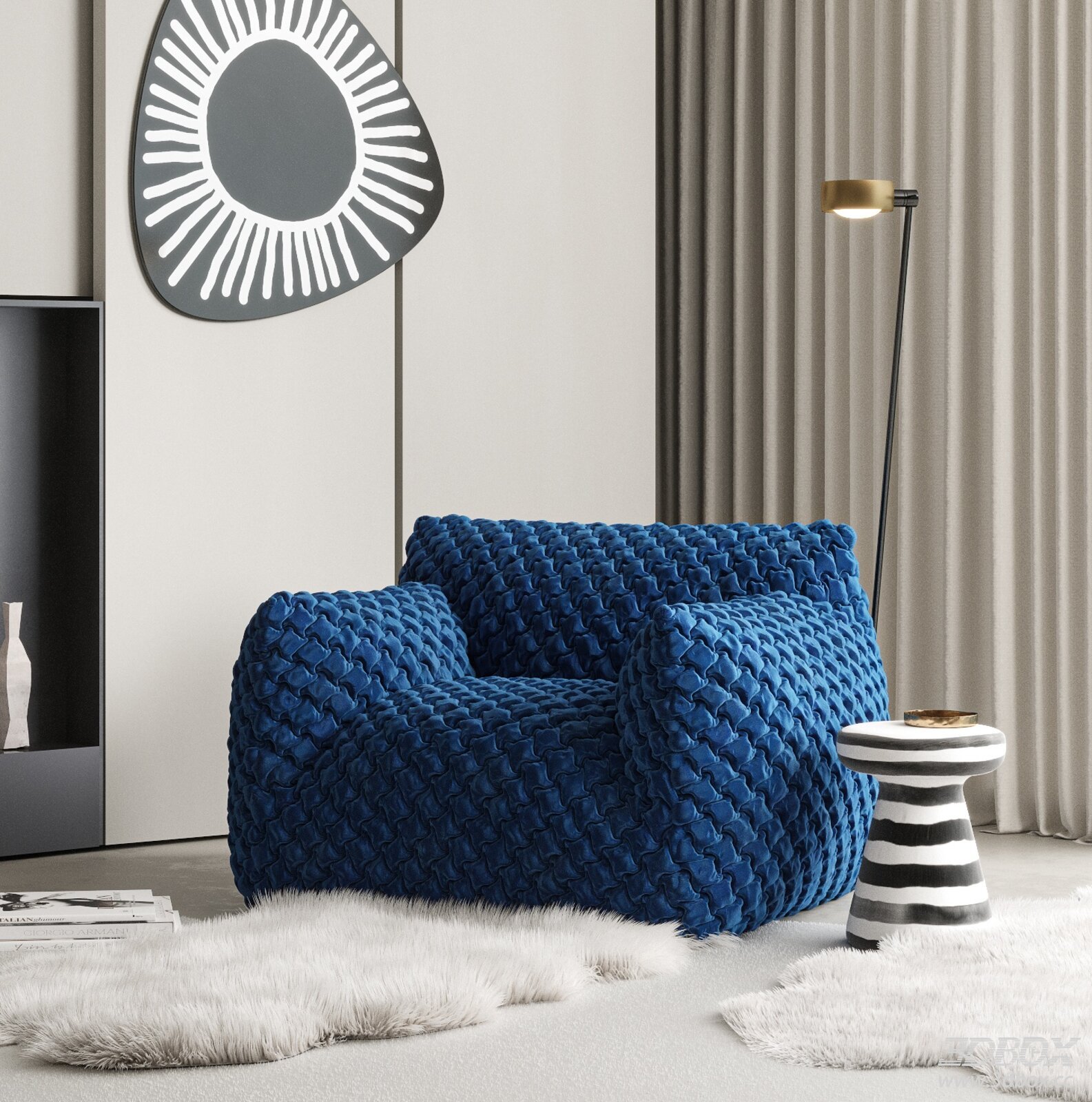 Modern Blue Textured Velvet Single Sofa Scene 3D model - front view