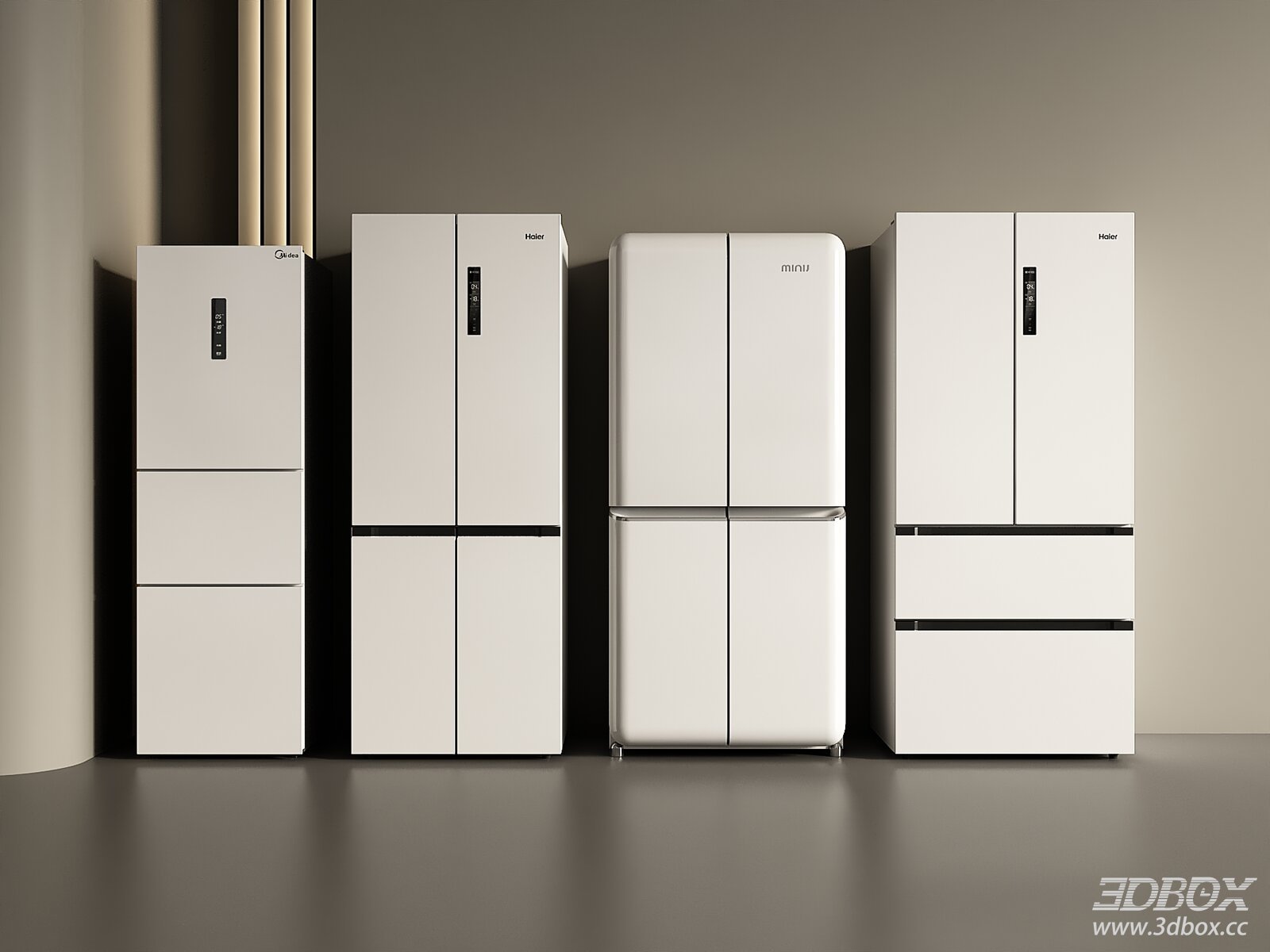 Modern White Refrigerator Set Kitchen Appliance 3D model - front view