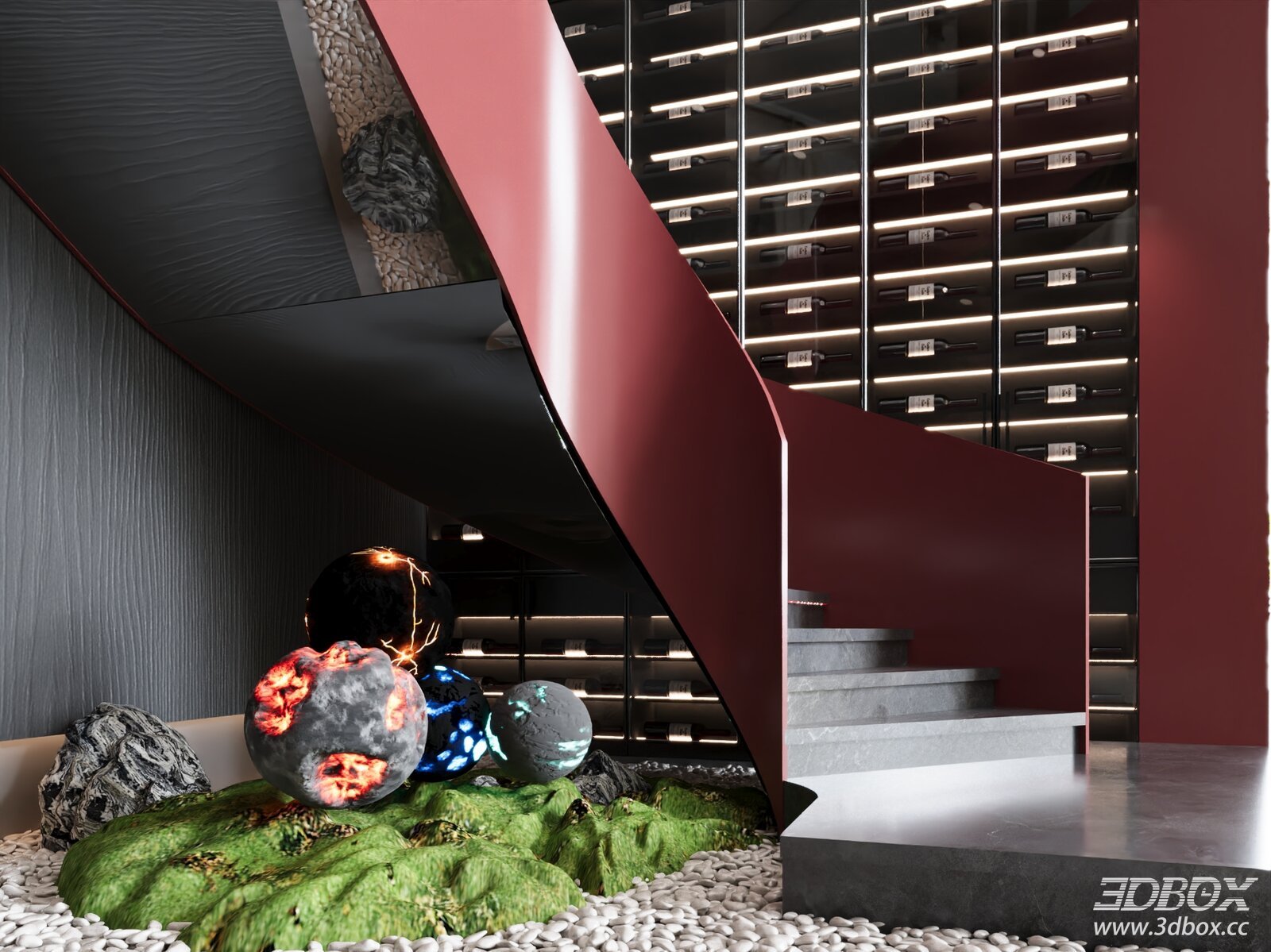 Industrial Style Staircase Hallway With Wine Cabinet And Moss Decor 3D model - front view