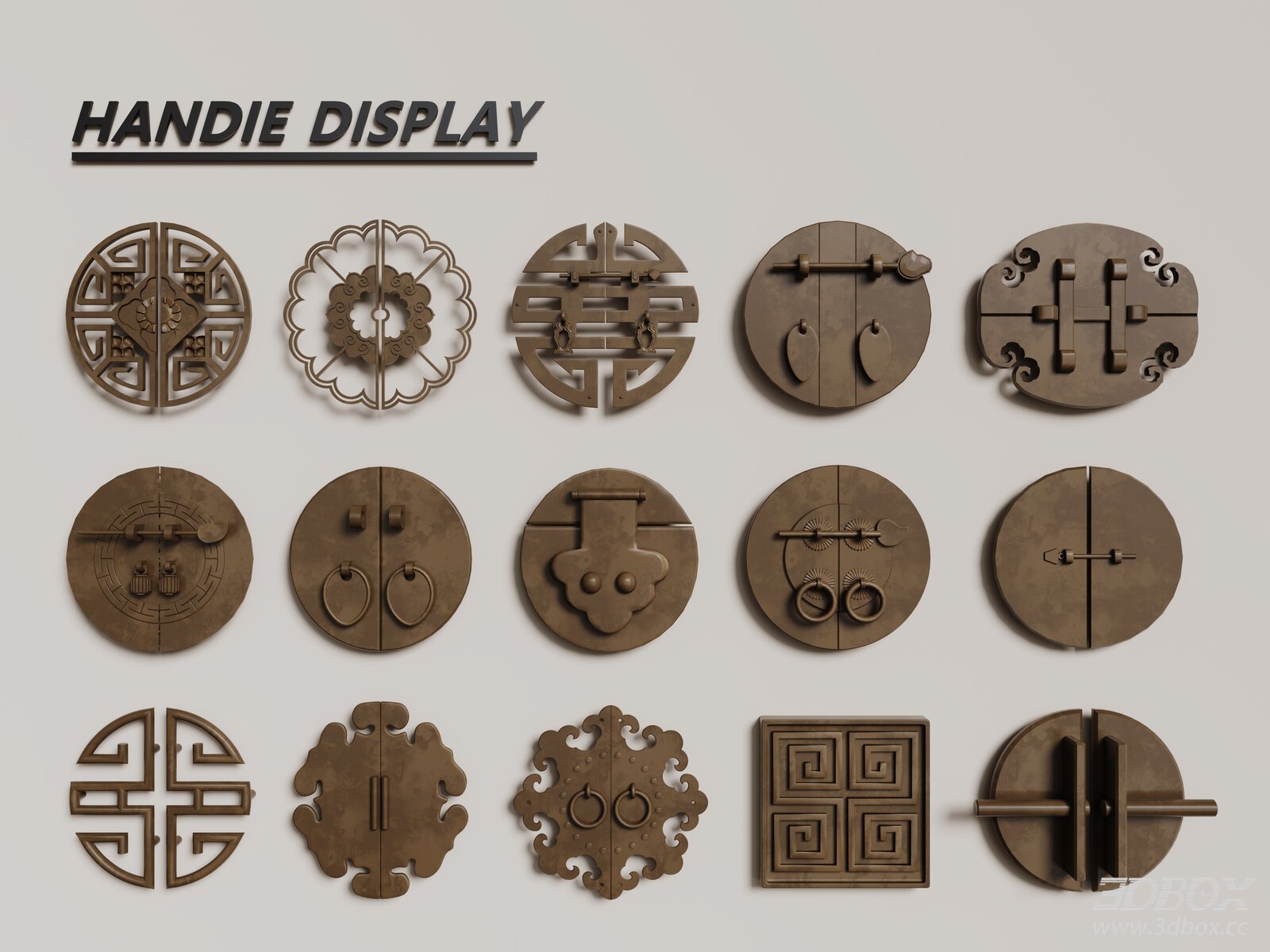 New Chinese Style Antique Brass Door Handle Lock Set 3D model - front view