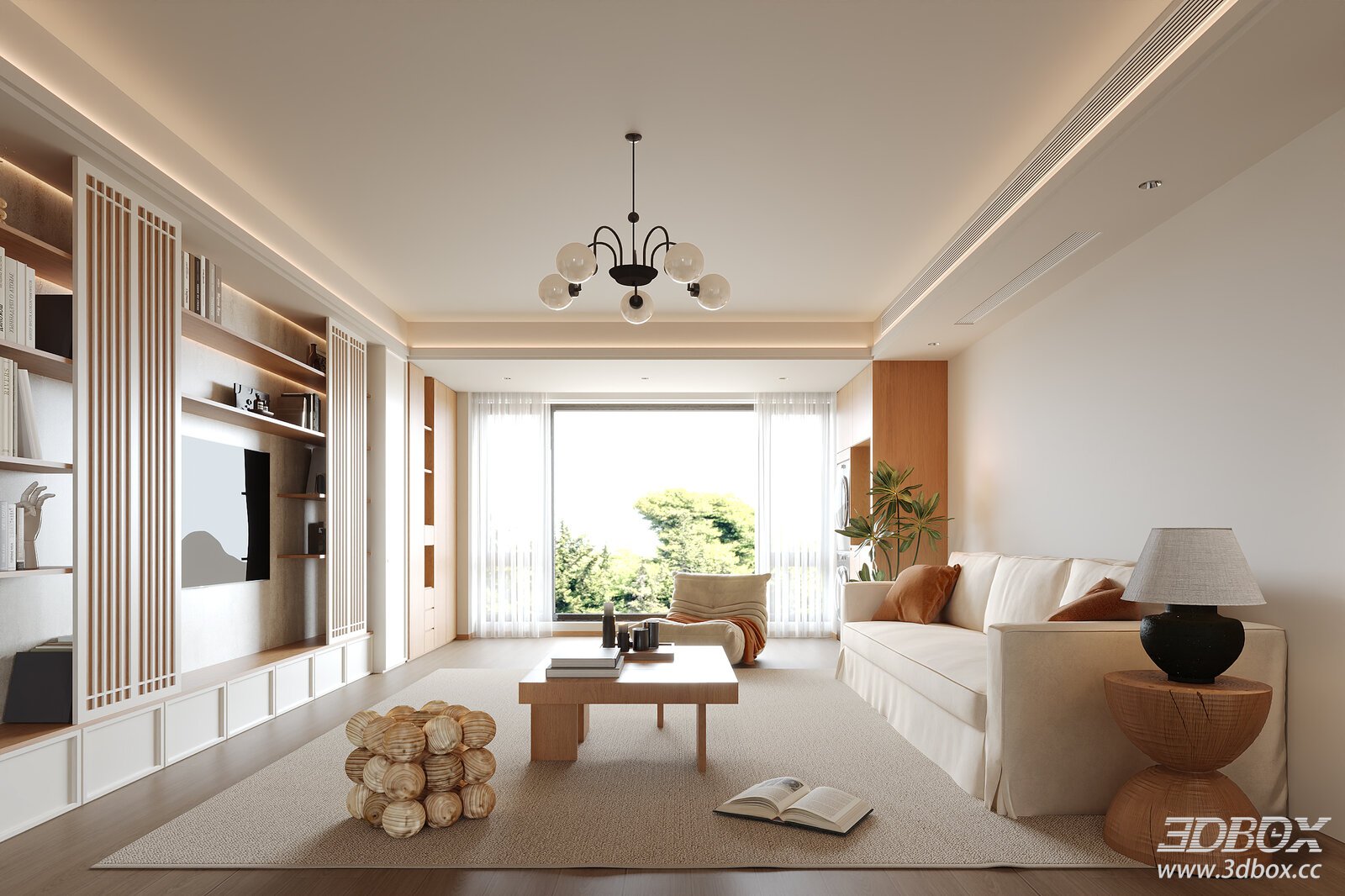 Modern Wooden Style Minimalist Living Room Interior Scene 3D model - front view