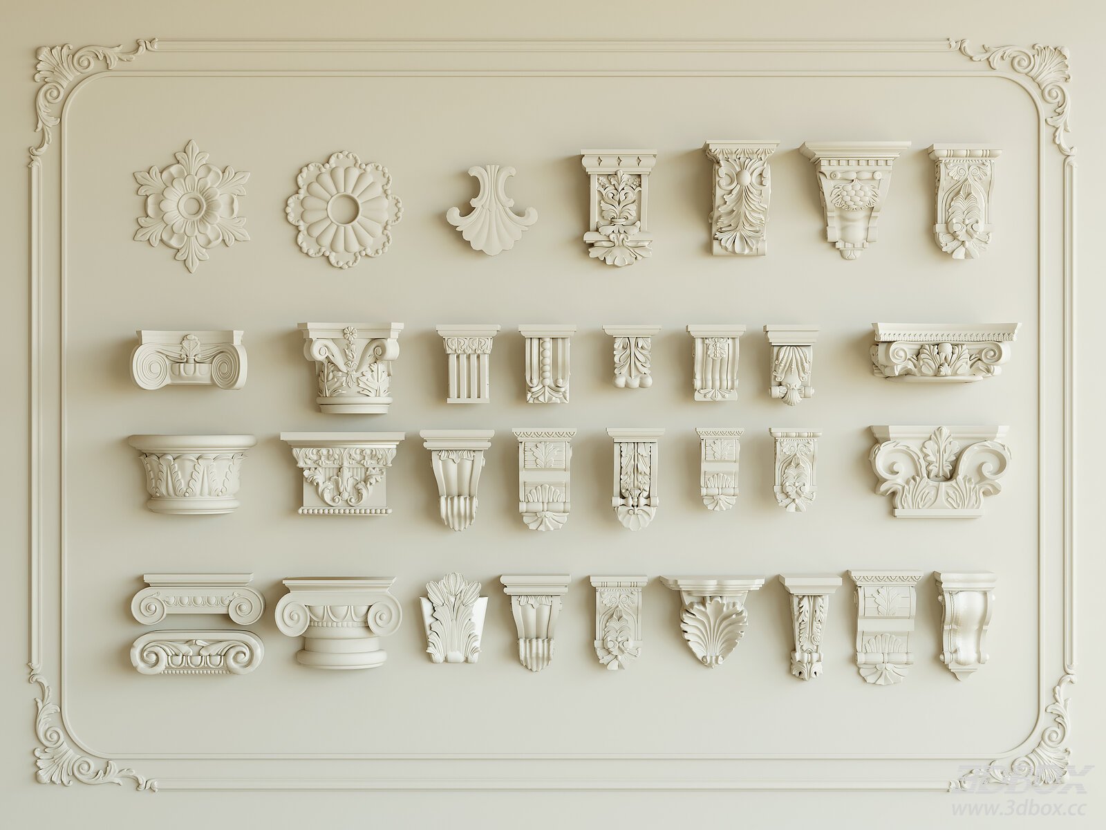 French Style Carved Decorative Plaster Corbels Set 3D model - front view