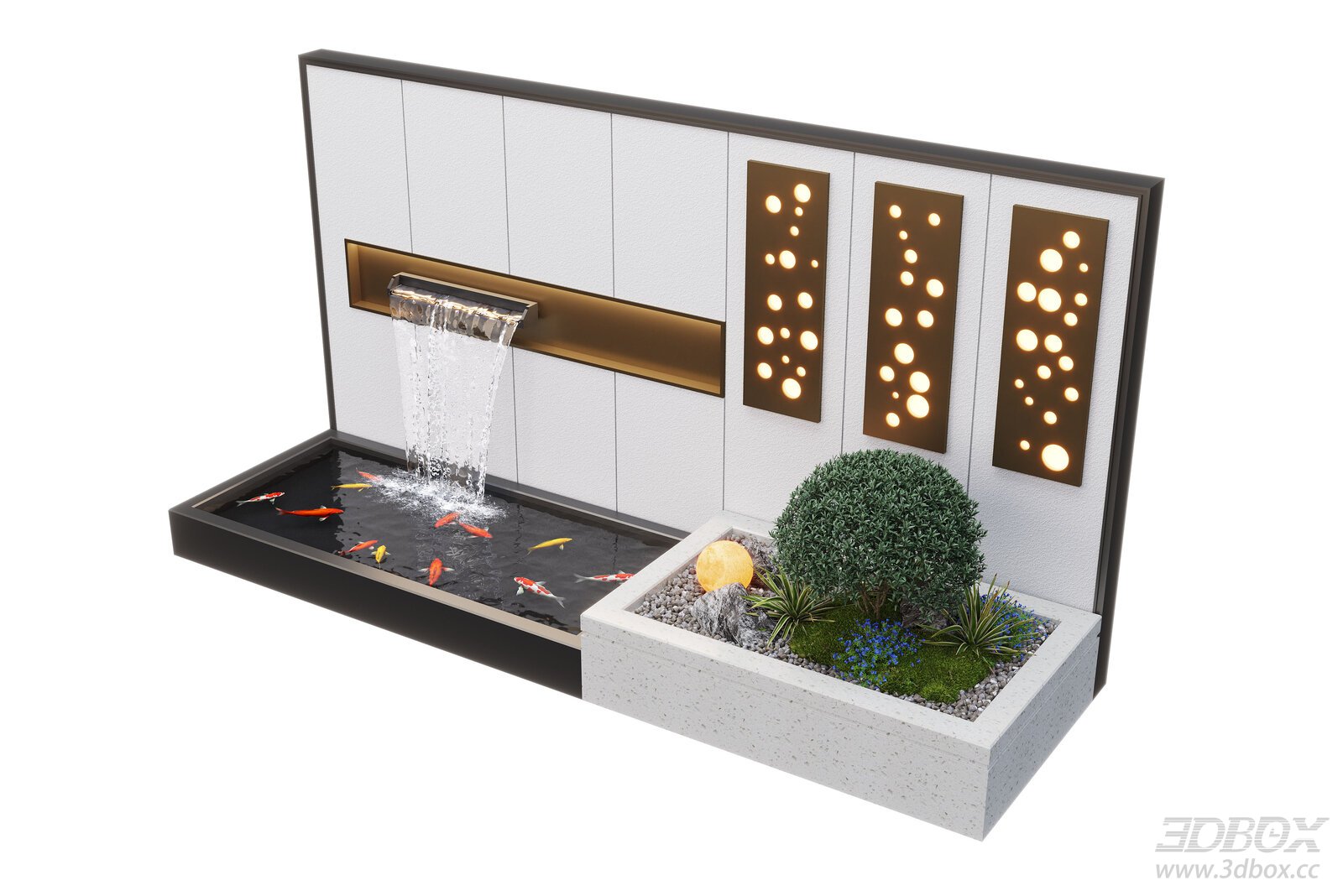 Modern Courtyard Water Wall Fountain Koi Pond Landscape 3D model - front view