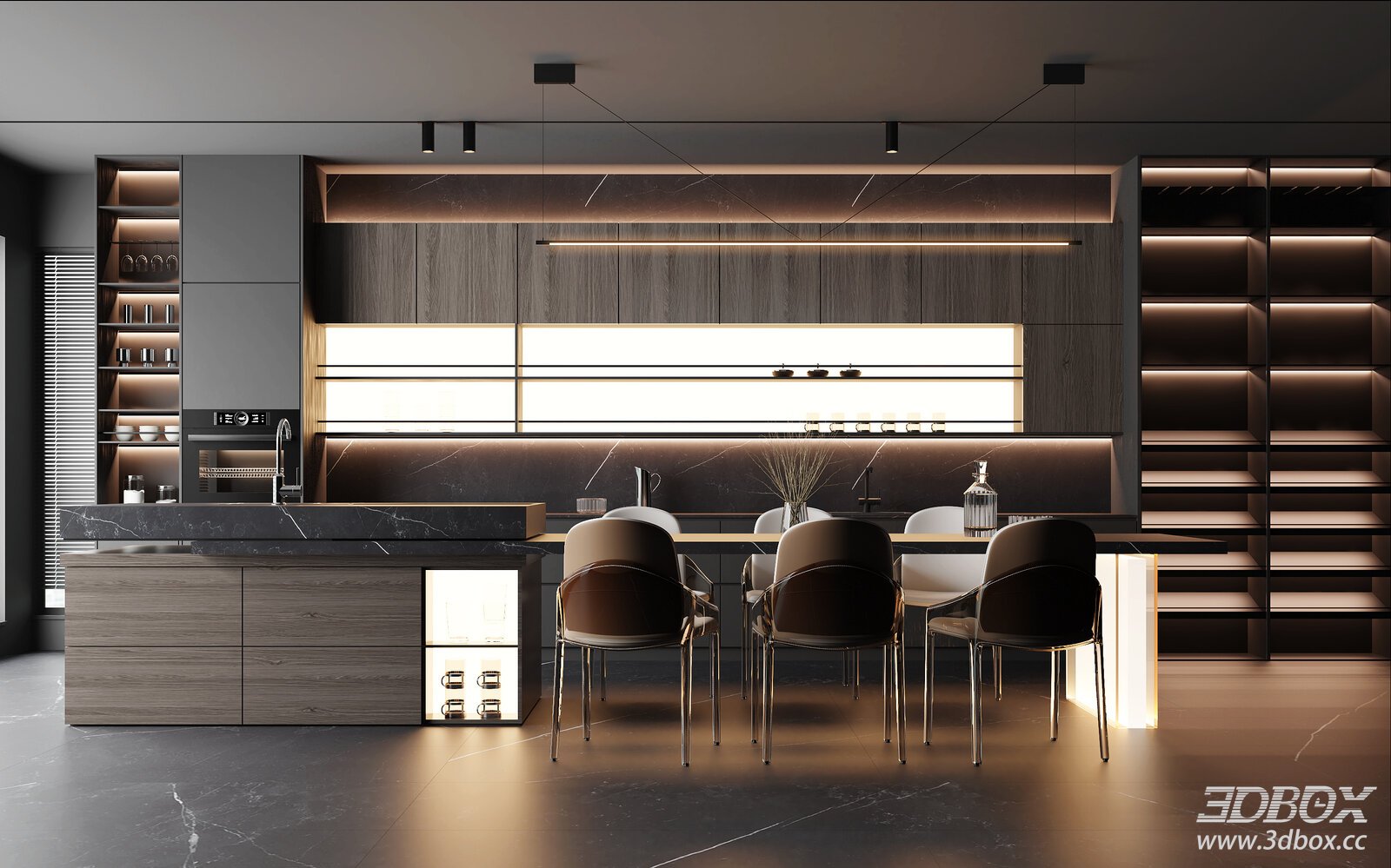 Modern Italian Style Kitchen and Dining Scene 3D model - front view