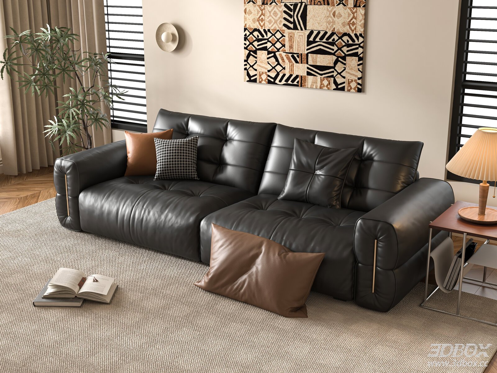 Modern Black Leather Sofa Set Living Room Furniture 3D model - front view