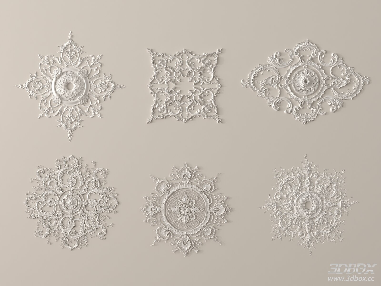 Classic Ornamental Plaster Ceiling Rosette Set 3D model - front view
