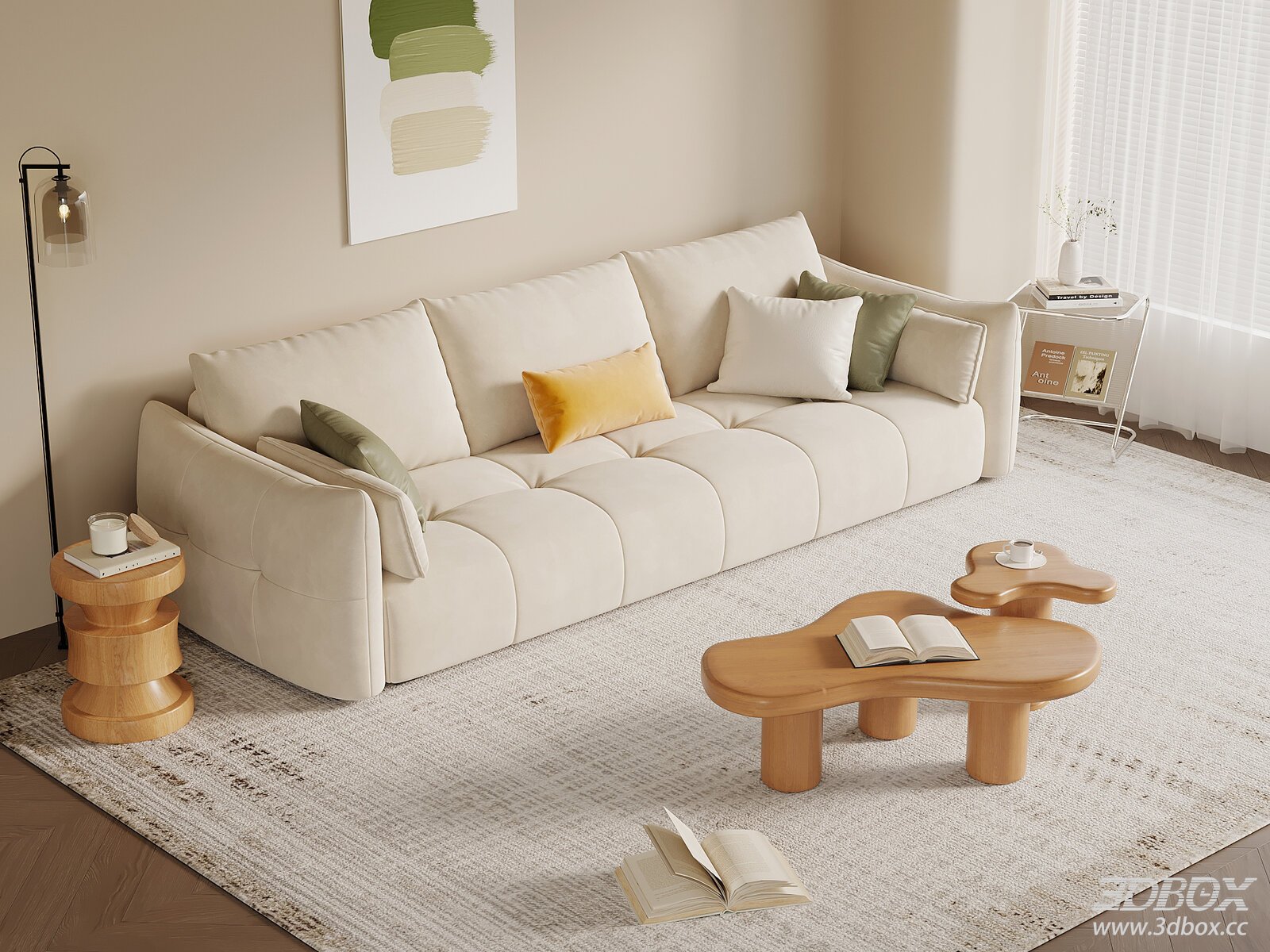 Modern Cream Style Fabric Sofa Set with Coffee Tables 3D model - front view