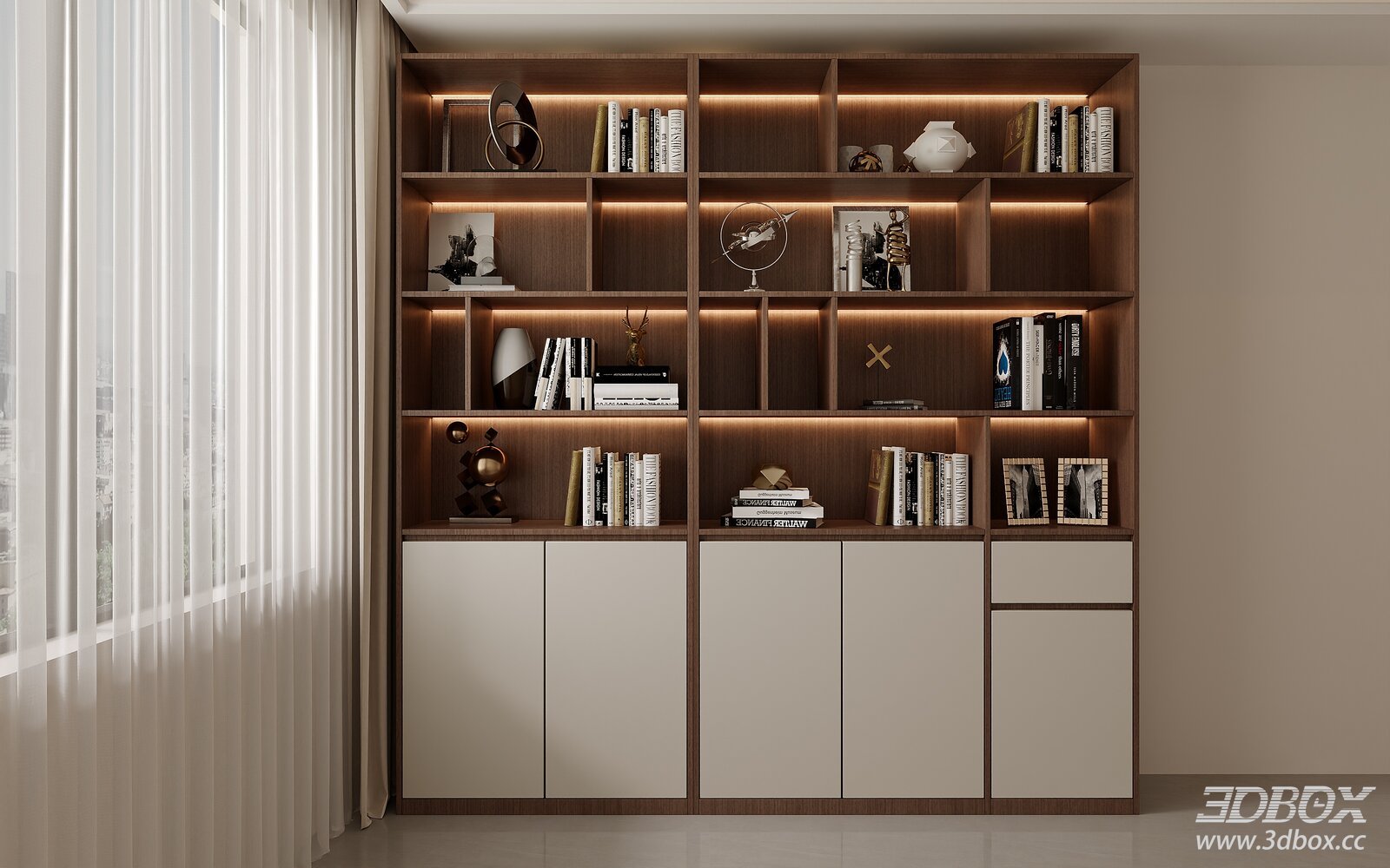 Modern Minimalist Walnut Display Bookshelf Storage Cabinet 3D model - front view