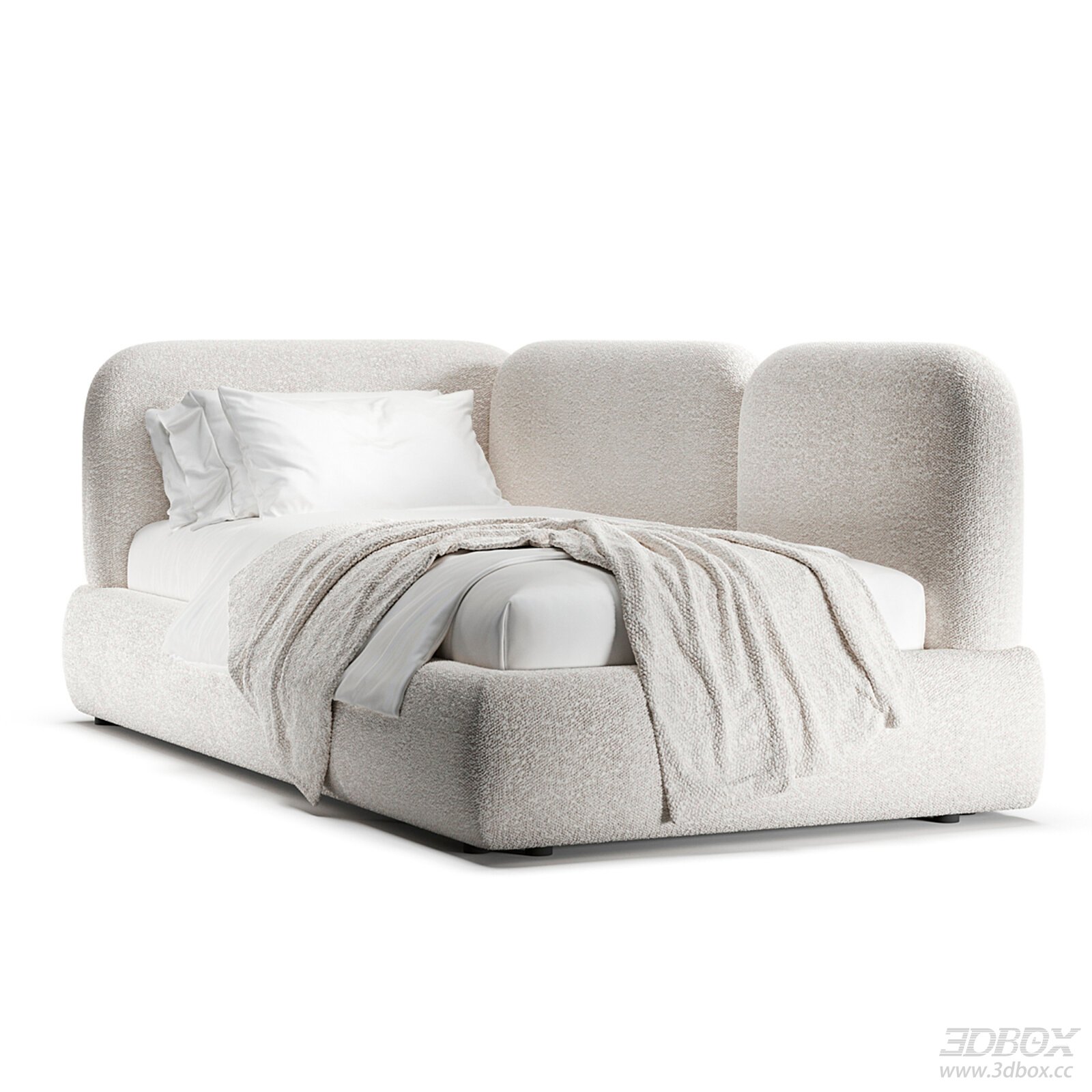 Modern Minimalist Boucle Upholstered Single Bed 3D model - front view