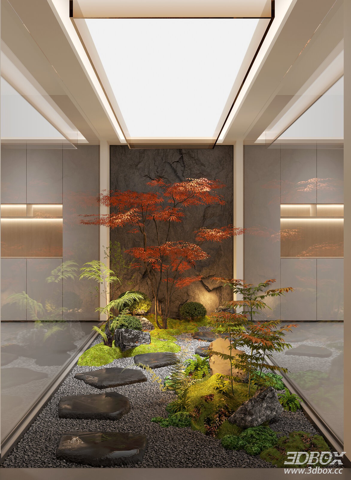 Indoor Japanese Style Atrium Landscape Garden 3D model - front view