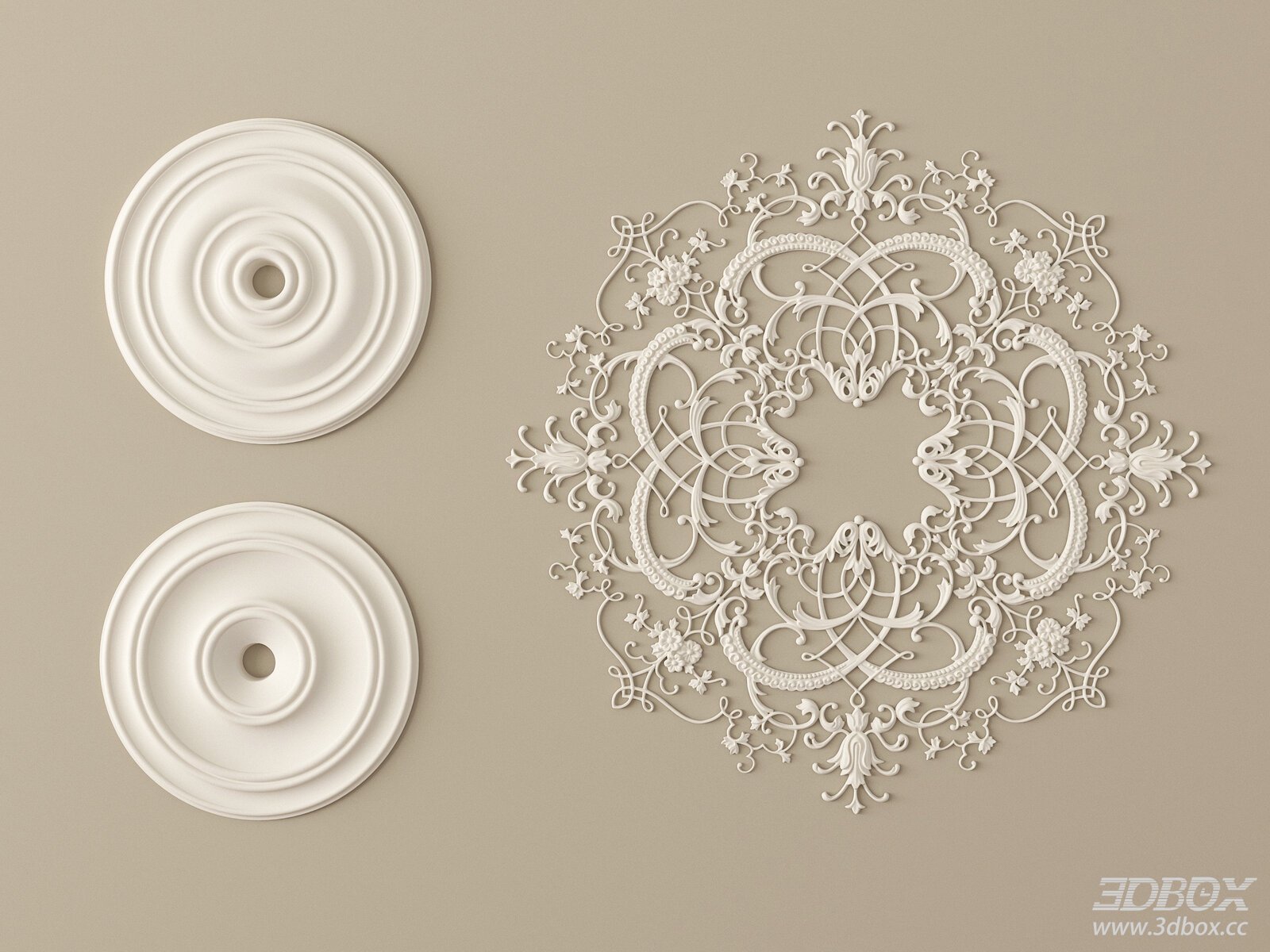 Ornate Gypsum Ceiling Rosette Decorative Plaster Set 3D model - front view