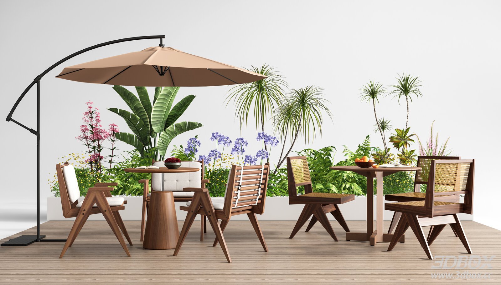 Modern Outdoor Dining Table and Chairs Set with Sun Umbrella 3D model - front view