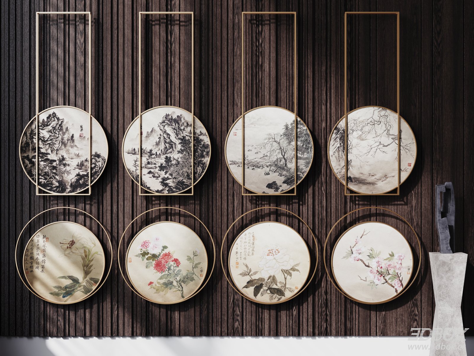 Chinese Style Circular Metal Frame Decorative Wall Art Set 3D model - front view