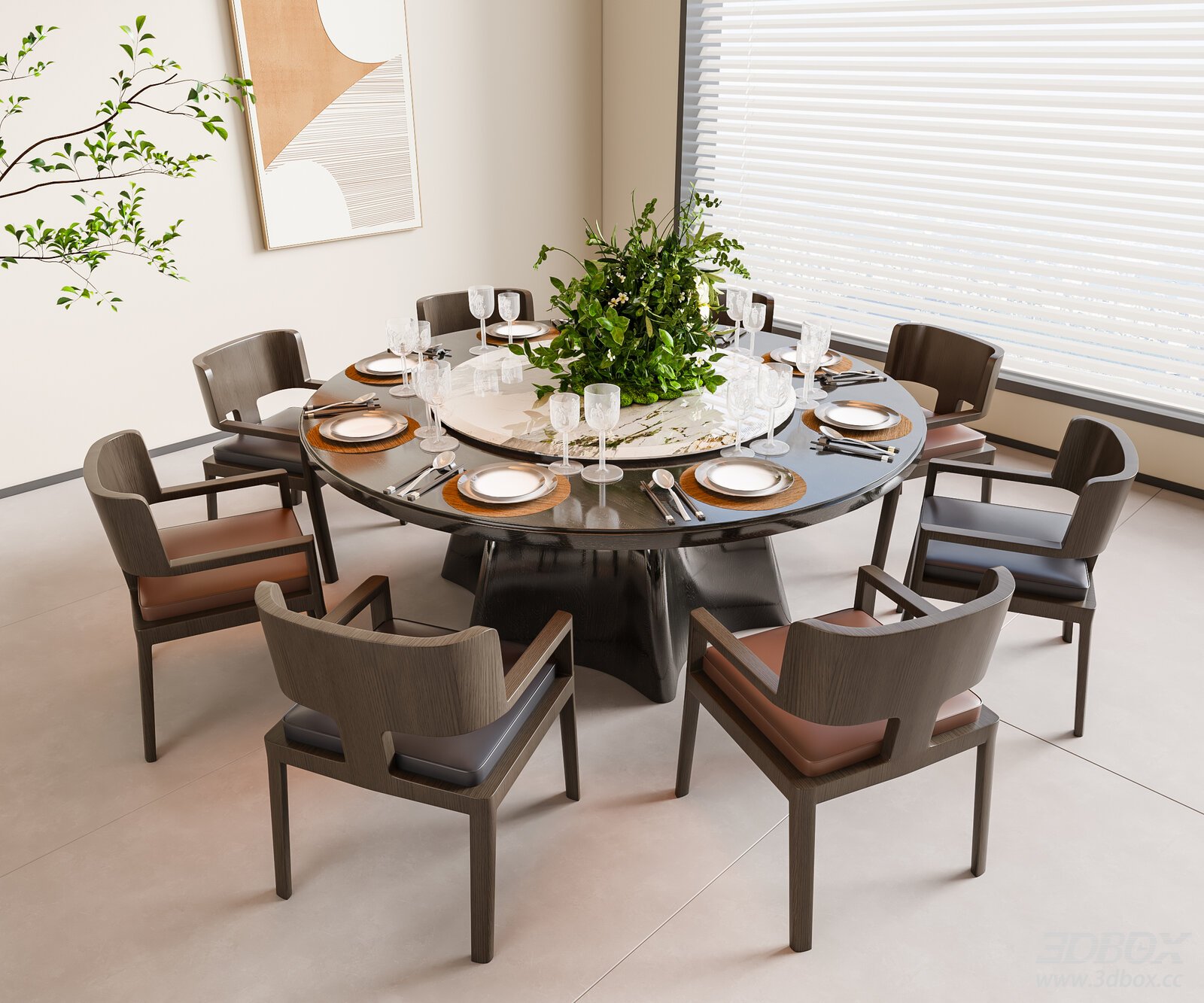 Modern Round Dining Table and Chairs Set 3D model - front view
