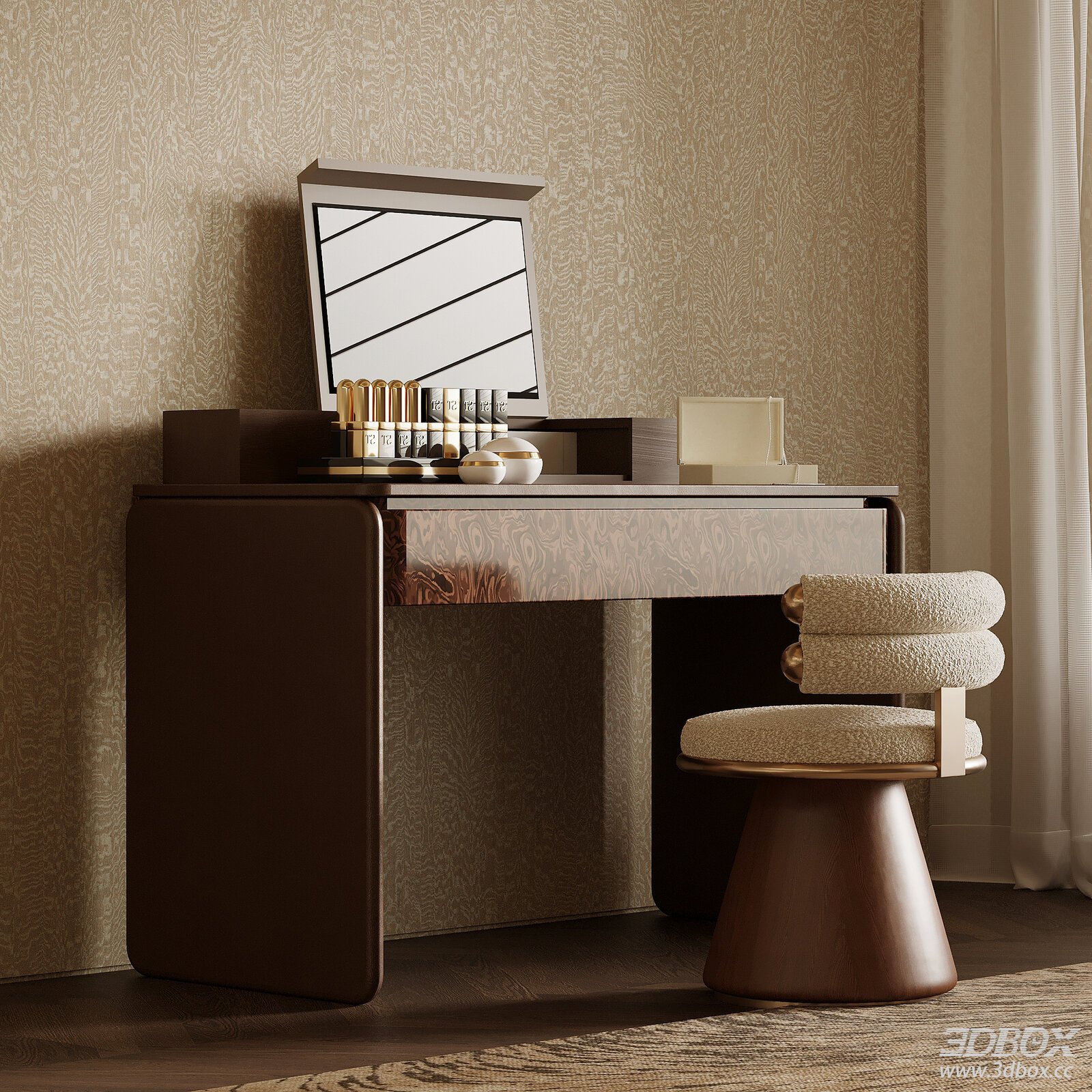Modern Luxury Dressing Table with Vanity Chair 3D model - front view