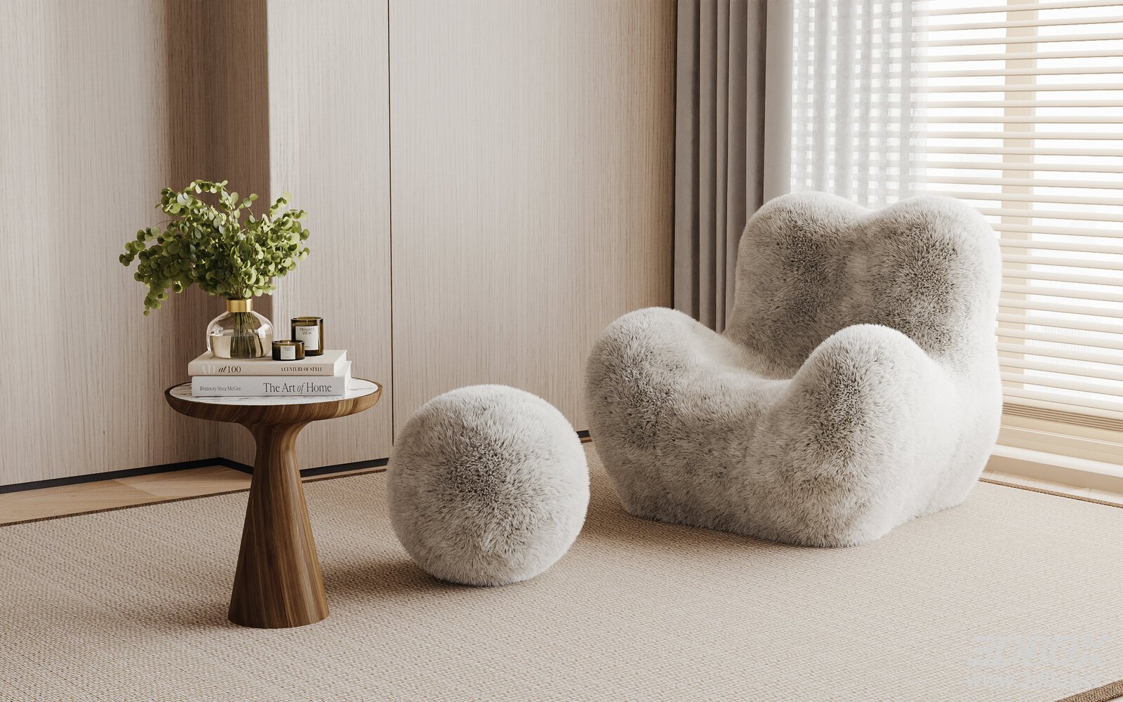 Modern Fluffy Armchair with Ottoman and Side Table Set 3D model - front view