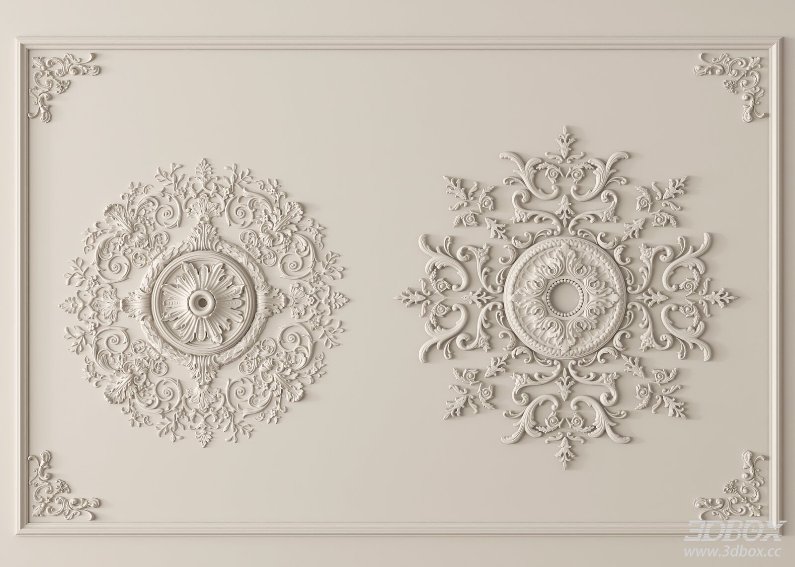 Vintage French Carved Gypsum Decorative Plaster Ceiling Rosette Set 3D model - front view