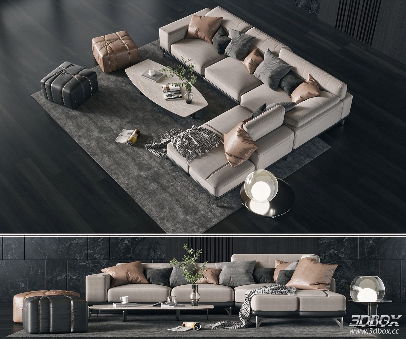 Modern Luxury L-shaped Sofa Set with Coffee Table and Ottomans 3D model - front view