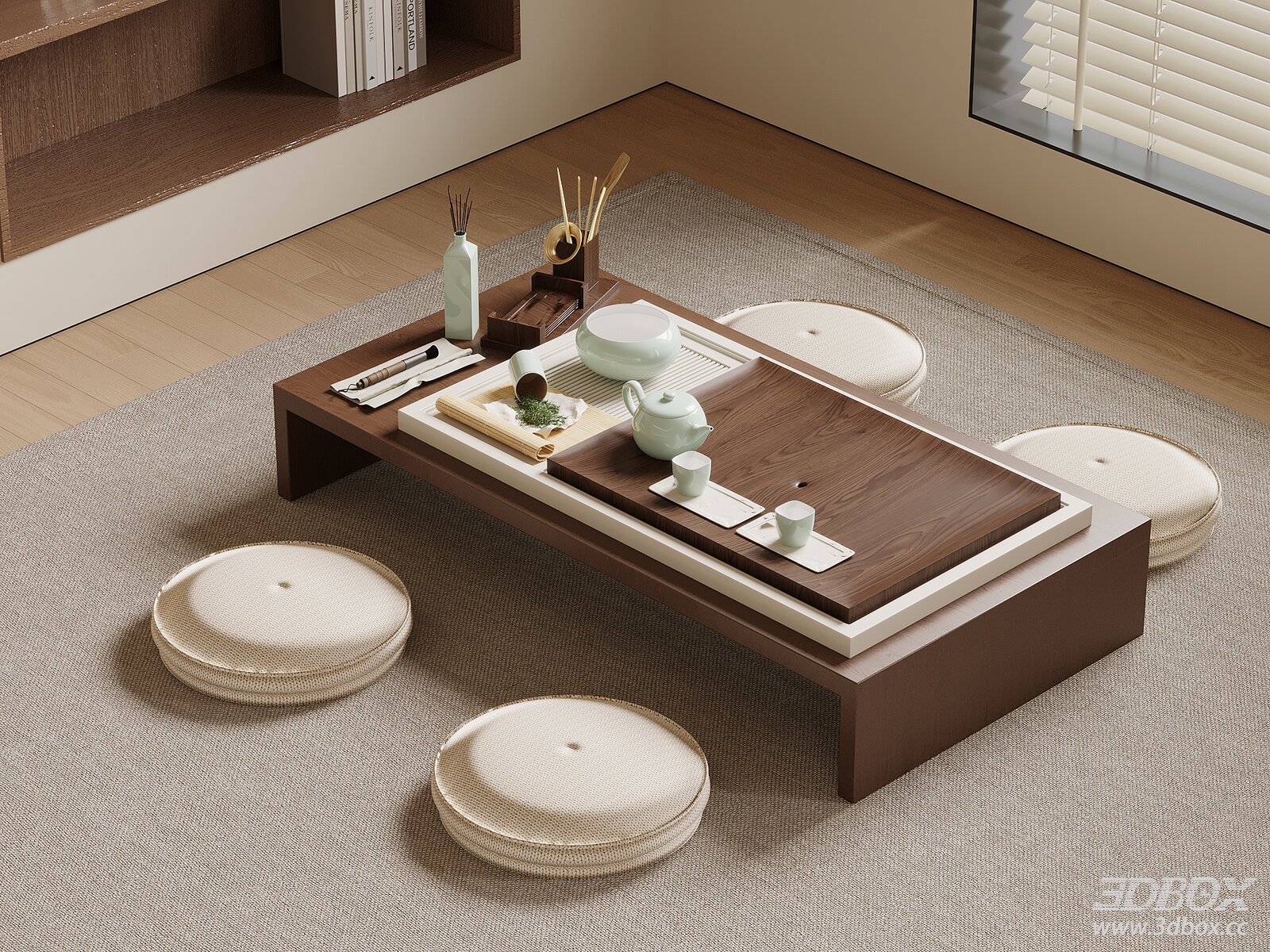 New Chinese Style Low Tea Table with Tatami Cushions Tea Set 3D model - front view