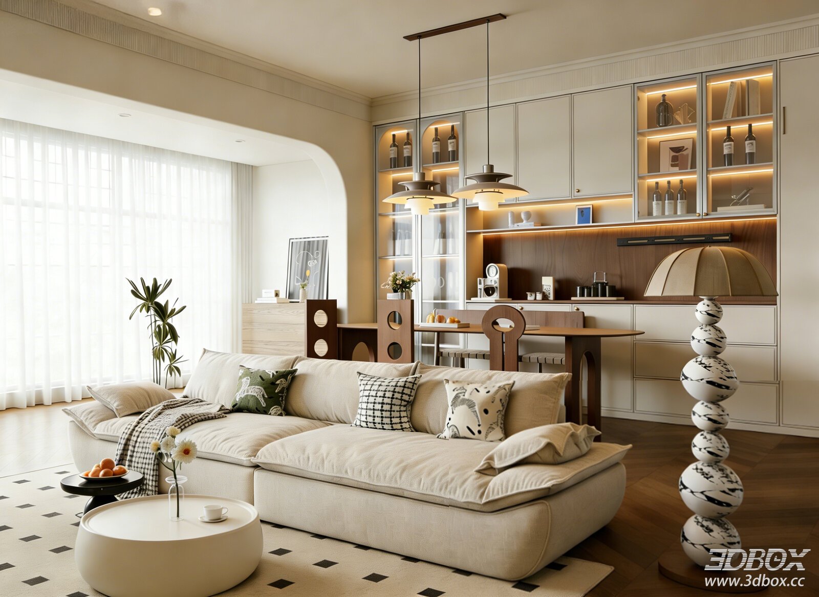 Cream Style Modern Living and Dining Room Interior Scene 3D model - front view
