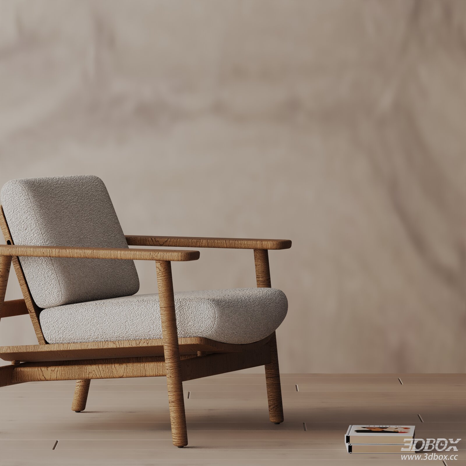 Modern Wooden Frame Fabric Upholstered Armchair 3D model - front view