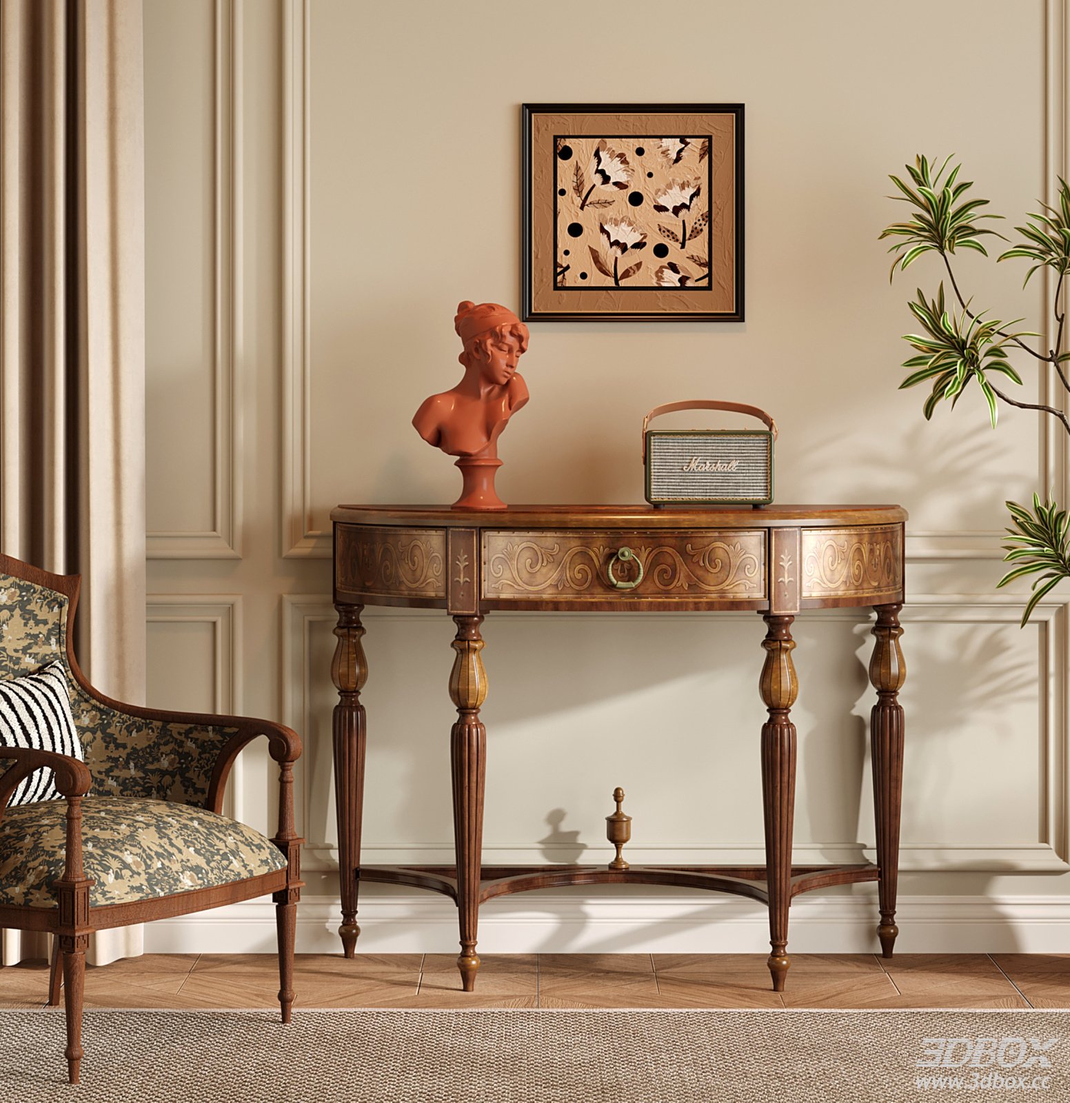 French Vintage Wooden Console Table Entryway Cabinet 3D model - front view