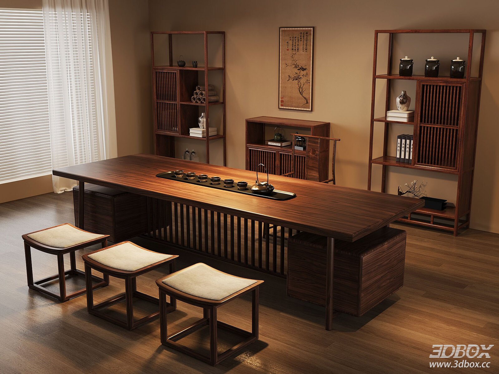 New Chinese Style Tea Room Scene with Tea Table and Display Shelves 3D model - front view