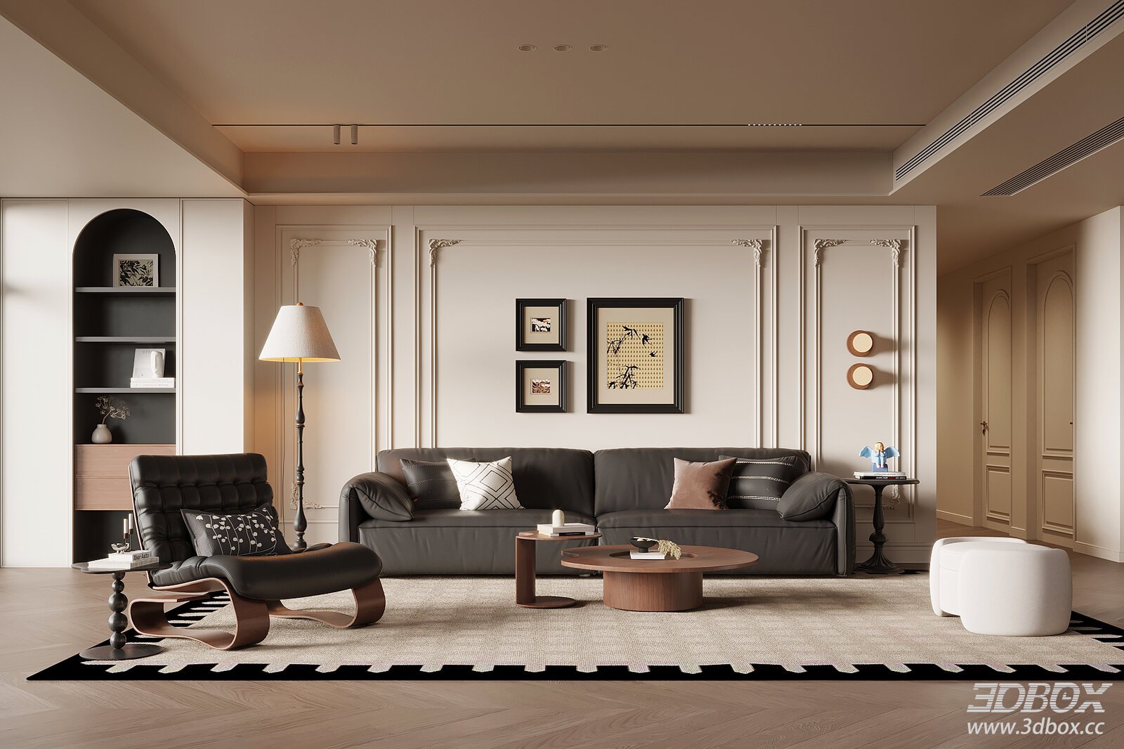 French Retro Style Living Room Sofa Coffee Table Set 3D model - front view