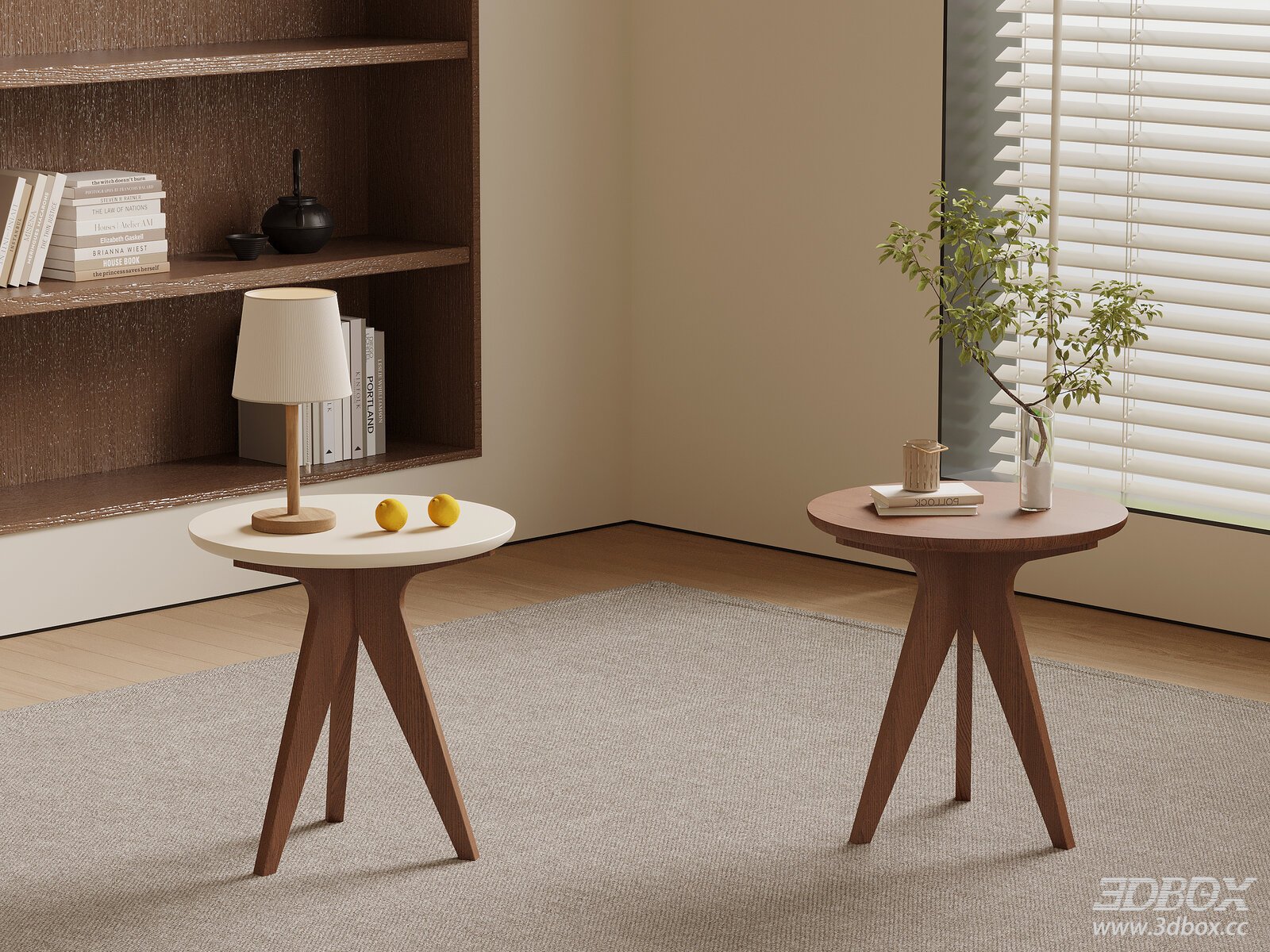 Mid-century Modern Round Wooden Side Table Set 3D model - front view