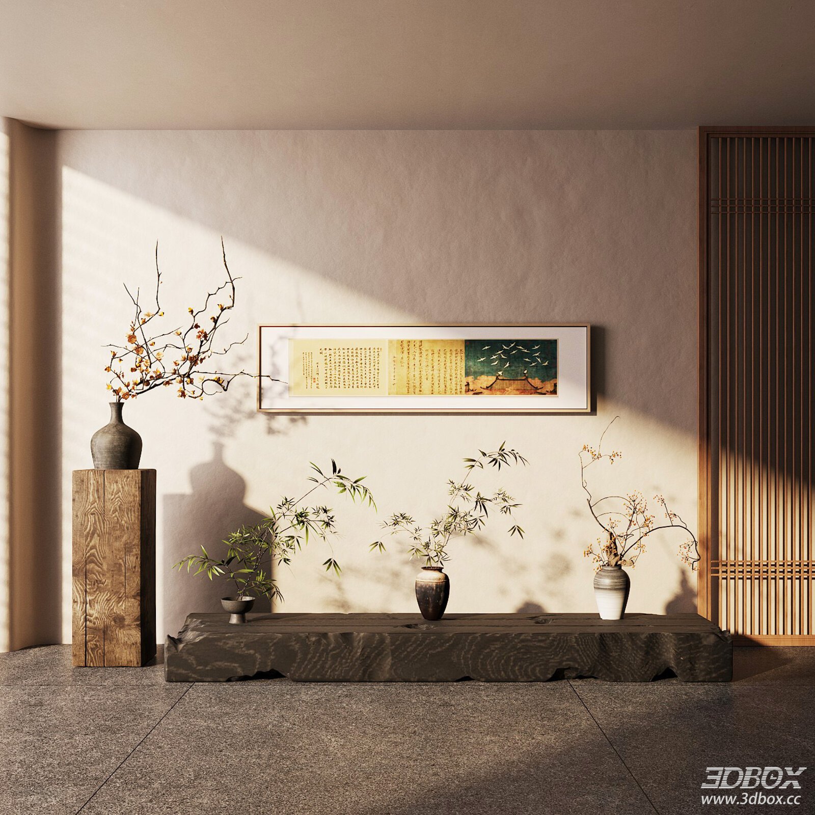 Wabi Sabi Decor Set with Vases Dried Flowers and Bamboo 3D model - front view