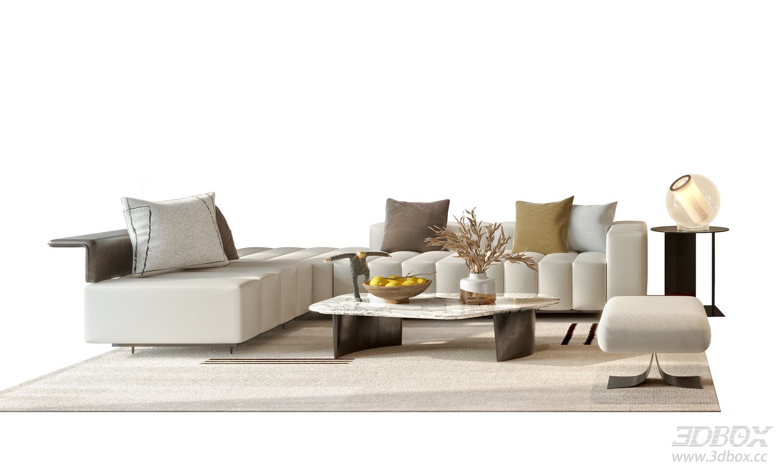 Modern Leather Sectional Sofa Set with Coffee Table and Side Furniture 3D model - front view