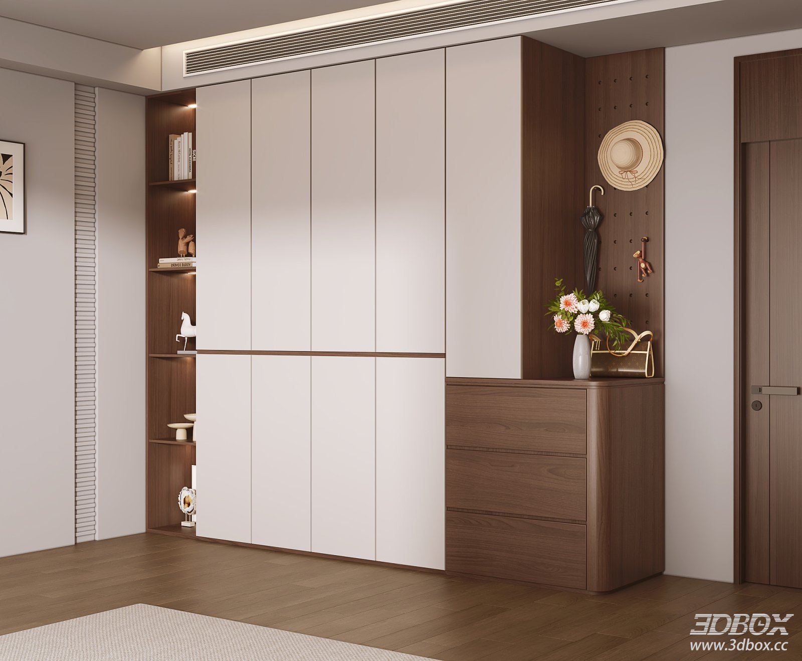 Mid Century Modern Bedroom Wardrobe with Display Shelf 3D model - front view
