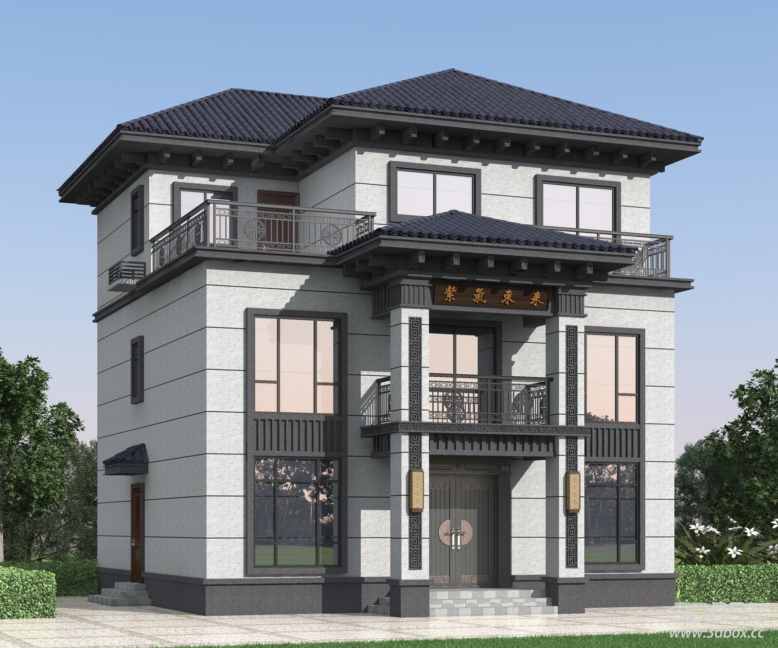 New Chinese Style Detached Villa Exterior Building 3D model - front view