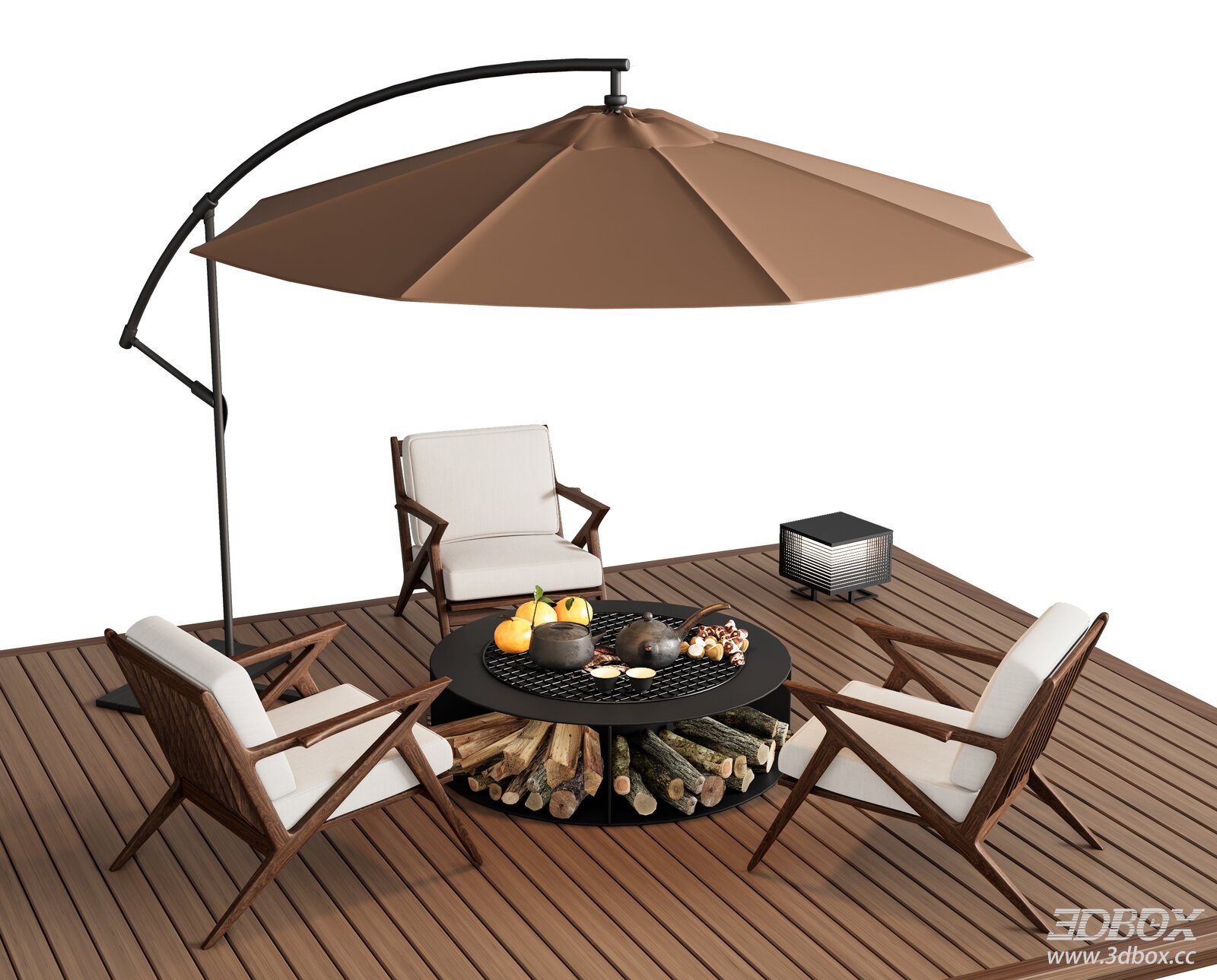 Modern Outdoor Leisure Furniture Set with Fire Pit and Parasol 3D model - front view