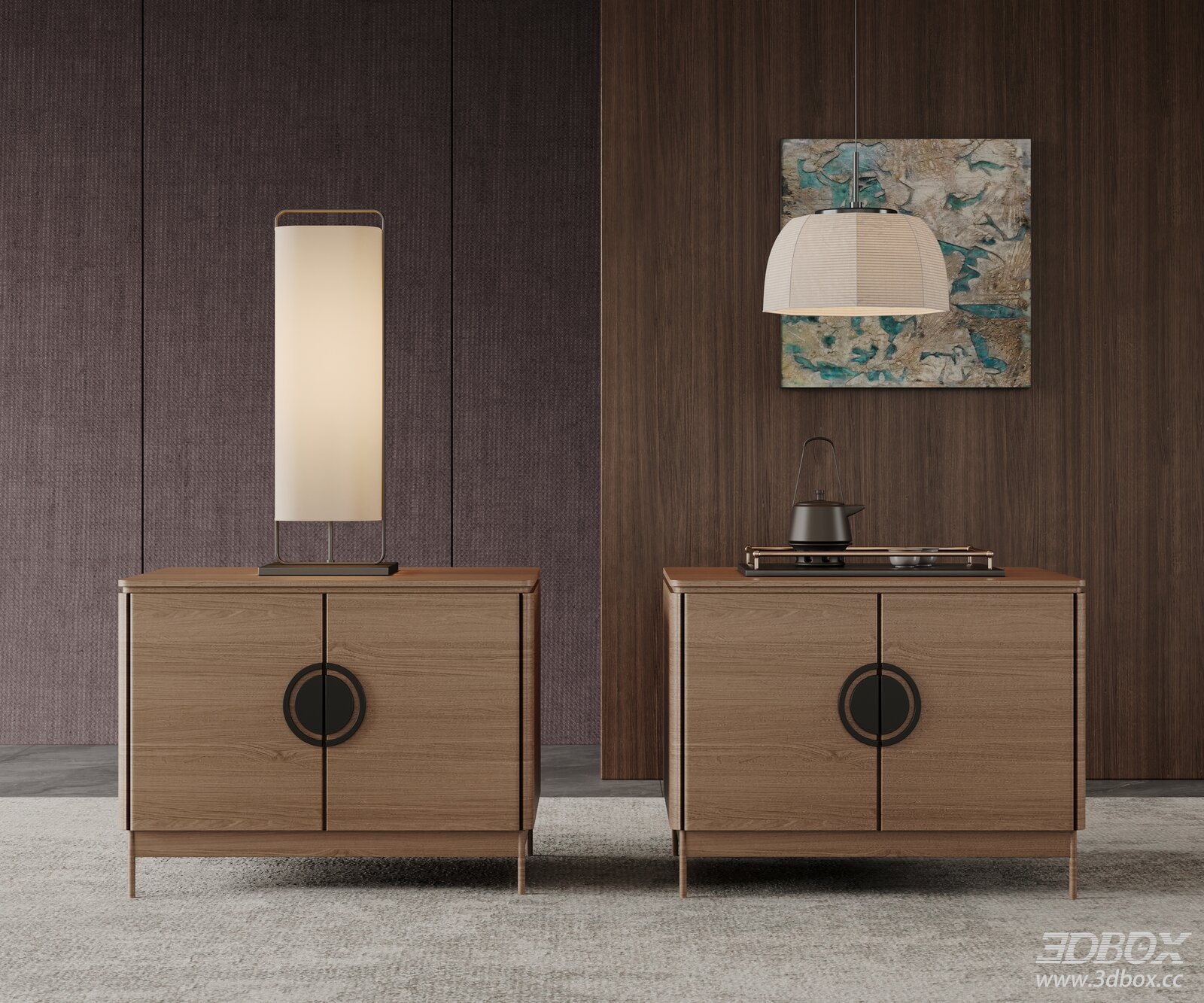 New Chinese Song Style Wooden Nightstand Cabinet Set 3D model - front view