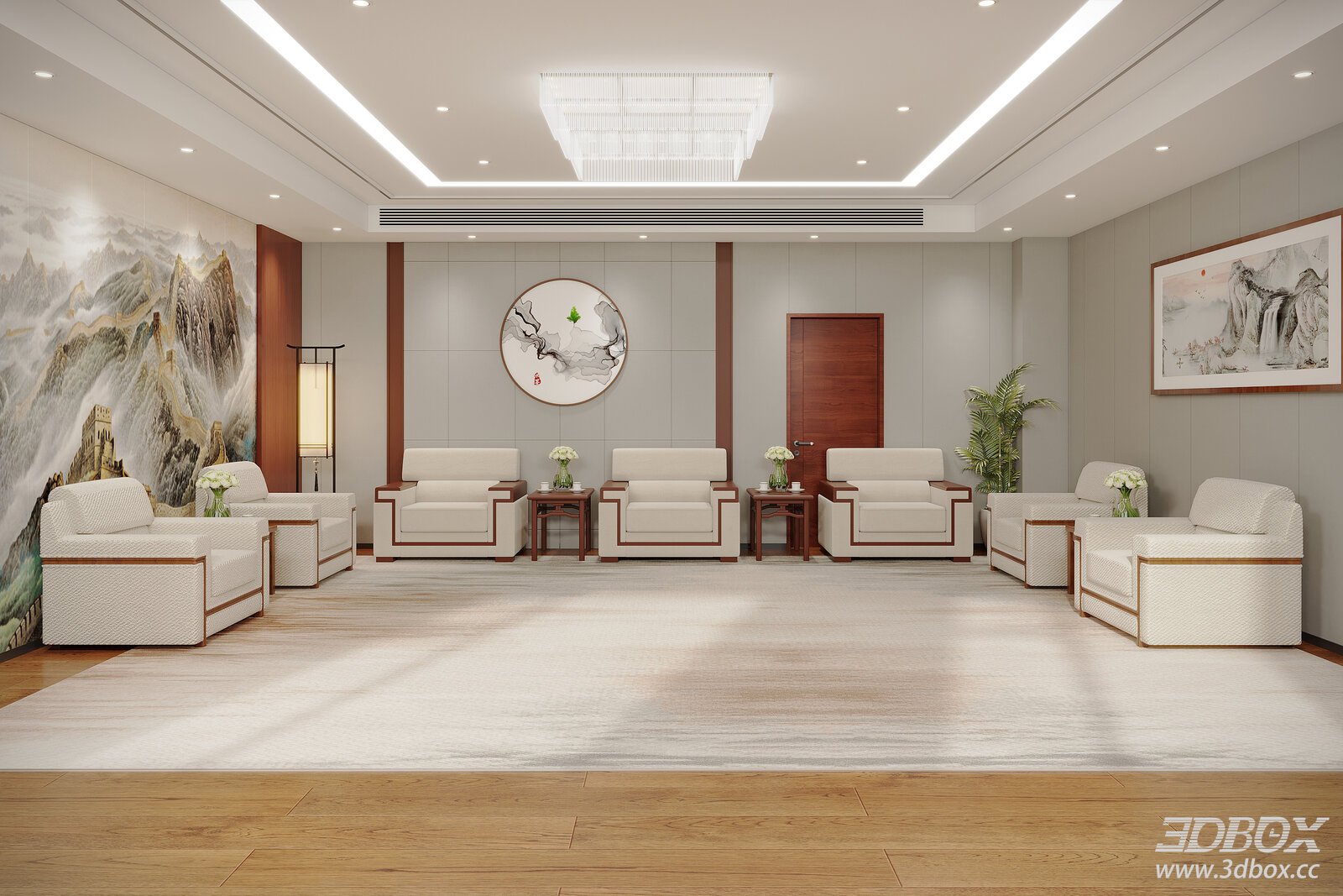 Modern Chinese Style Reception Lounge Interior Scene 3D model - front view